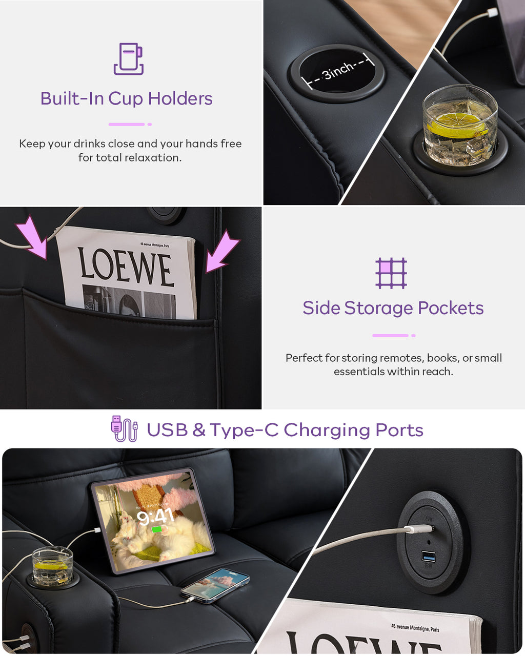 TYBOATLE 116’’ W Black Faux Leather Sectional Couch w/USB and Cup Holders for Living Room, Comfy Tufted U Shaped Modular Convertible Sofa w/Chaise Lounge, Office Leather Sofa for Bedroom