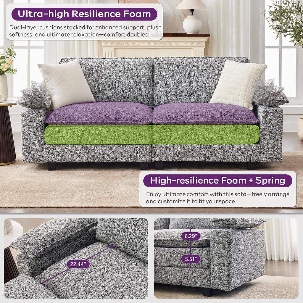 TYBOATLE Large Premium Kapok Fiber Sectional Couch Love Seat, Comfy Cloud Couch w/Adjustable Wider Armrest, Deep Seat Upholstered Modular Sofa for Living Room, Apartment, Grey