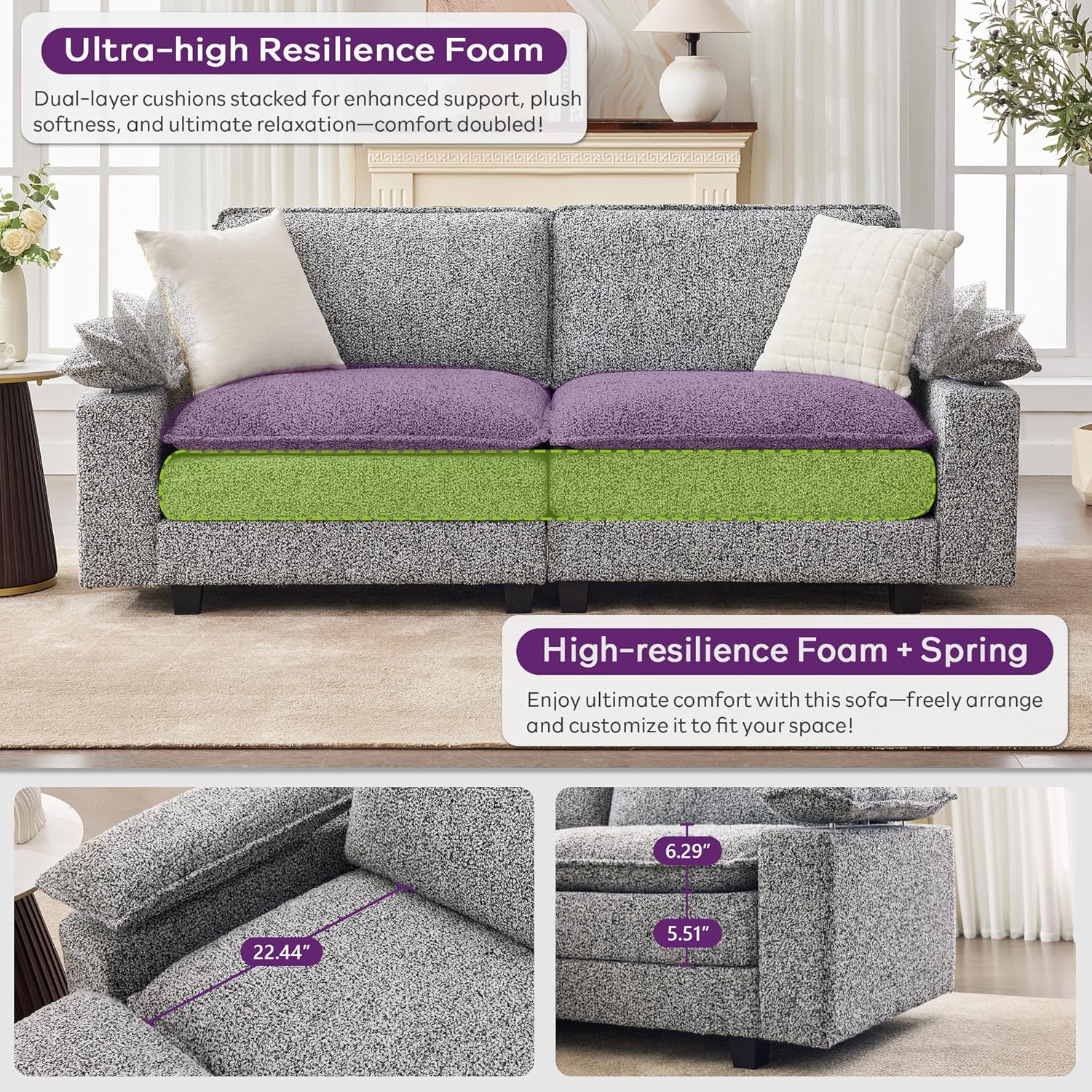 TYBOATLE Large Premium Kapok Fiber Sectional Couch Love Seat, Comfy Cloud Couch w/Adjustable Wider Armrest, Deep Seat Upholstered Modular Sofa for Living Room, Apartment, Grey