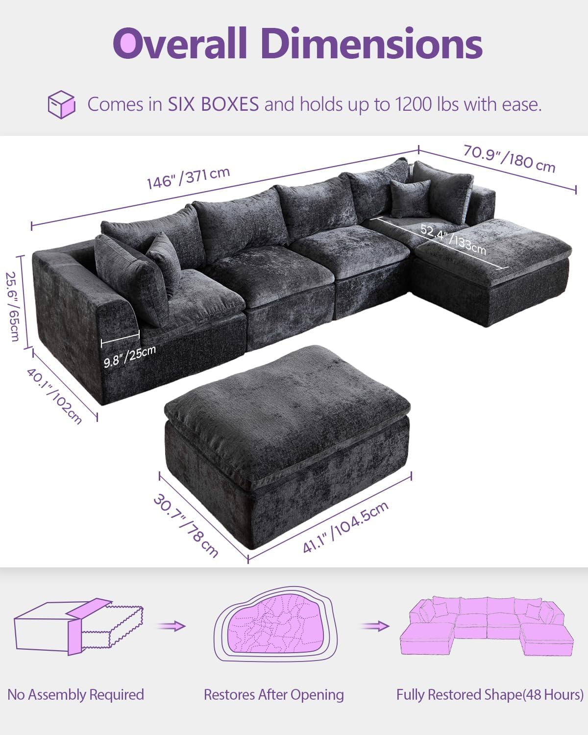 TYBOATLE 146’’ Grey Boneless Couch for Living Room, U Shaped Cloud Sectional Sofa w/Ottoman, Comfy Boneless Modular Couch w/Memory Foam