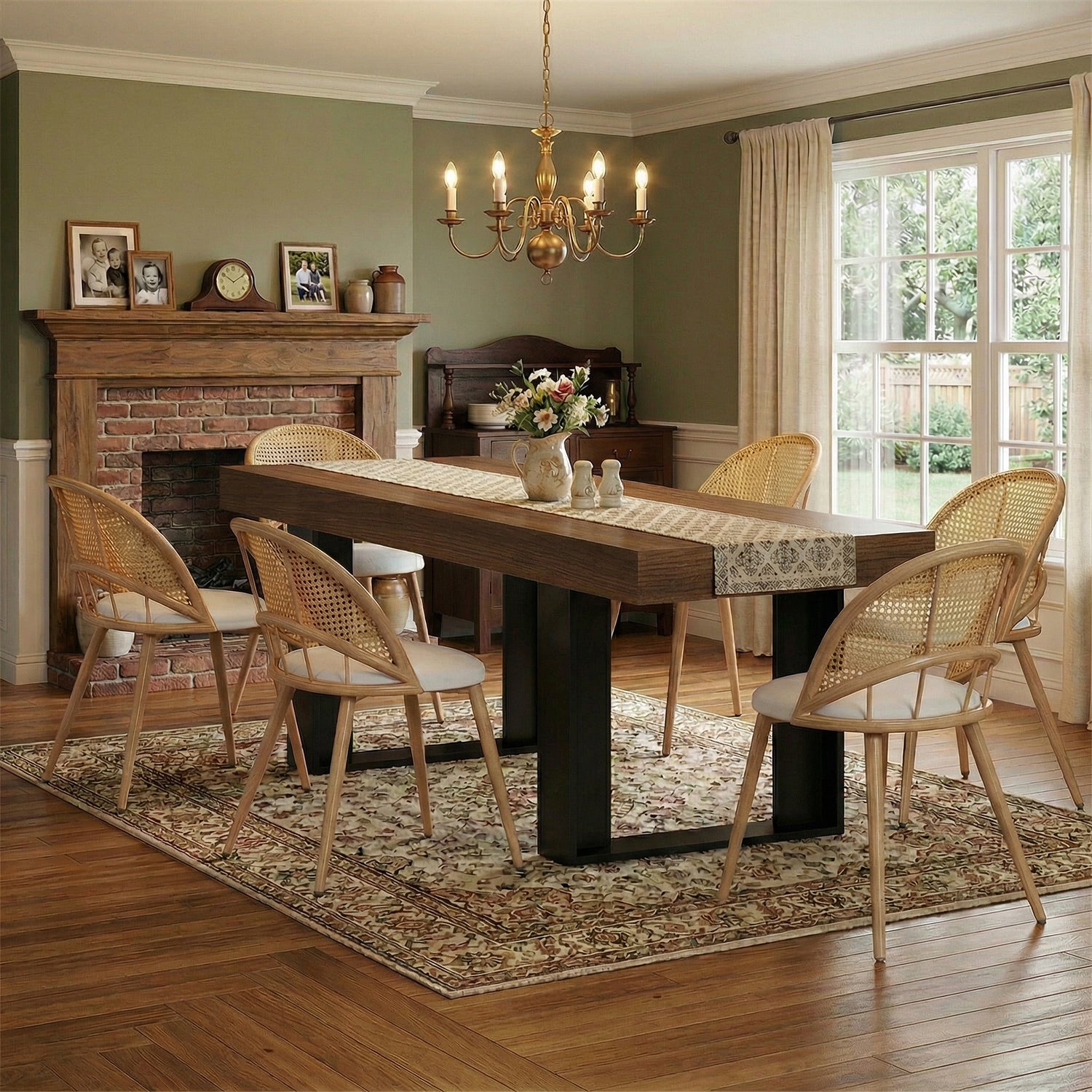 TYBOATLE 63'' - 79'' Extendable Dining Table Set for 6, Farmhouse Wooden Dining Room Table Set, 7 Piece Dinner Table Set with Upholstered Rattan Dining Chairs (Brown & White, 63''-79''- 6 Chairs)