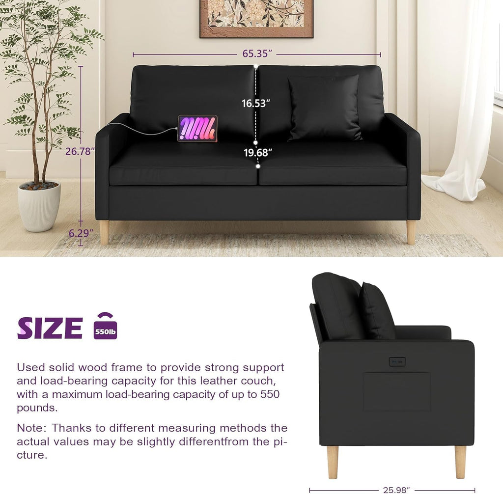 TYBOATLE Black Faux Leather Sofa Couches w/USB, 3 Piece Living Room Set, Mid-Century Modern Loveseat 2 Seater Office Small Couch Love Seat for Small Space, Bedroom, Apartment