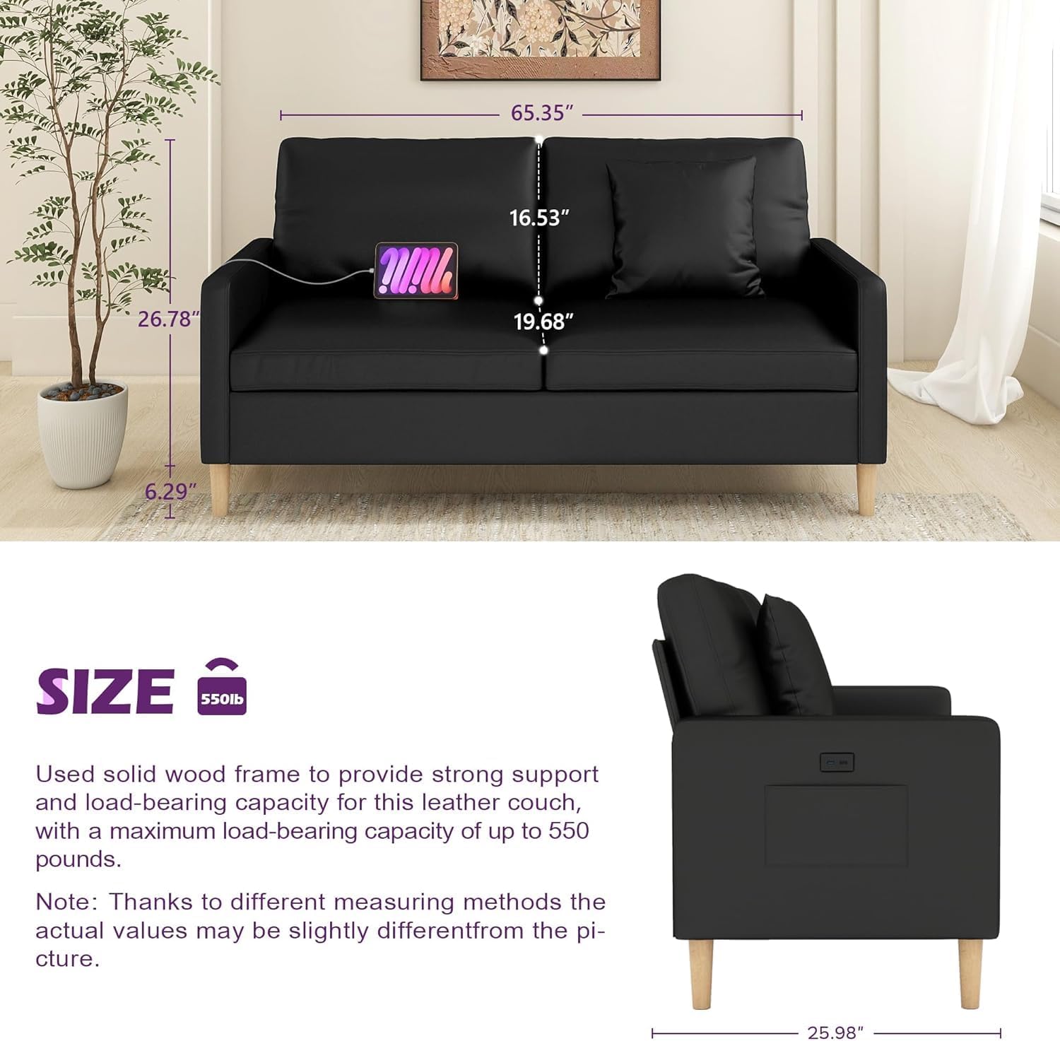 TYBOATLE Black Faux Leather Sofa Couches w/USB, 3 Piece Living Room Set, Mid-Century Modern Loveseat 2 Seater Office Small Couch Love Seat for Small Space, Bedroom, Apartment