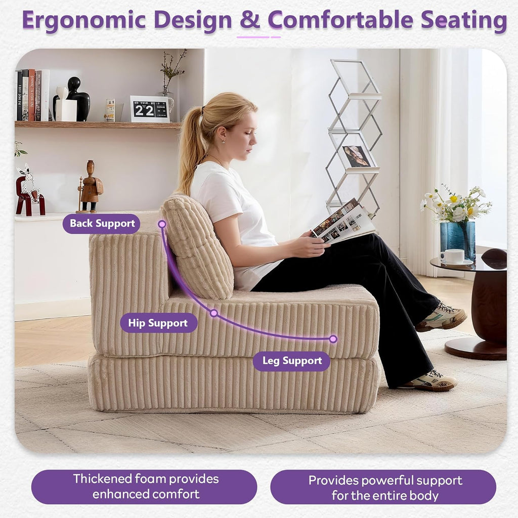 TYBOATLE Folding Sofa Bed, Convertible Sleeper Chair with Back Support and Pillow, Fold Out Floor Chair Bed, Comfy Foldable Mattress Futon Couch for Living Room, Bedroom (Cream Beige, Single Seat)