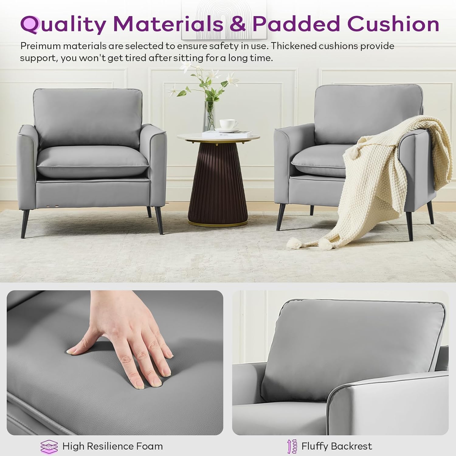 TYBOATLE Accent Chairs Set of 2, Faux Leather Chairs, Mid Century Modern Comfy Living Room Chairs, Cozy Office Reading Chair, Reception Armchairs for Office, Bedroom, Waiting Room (Grey) (2)