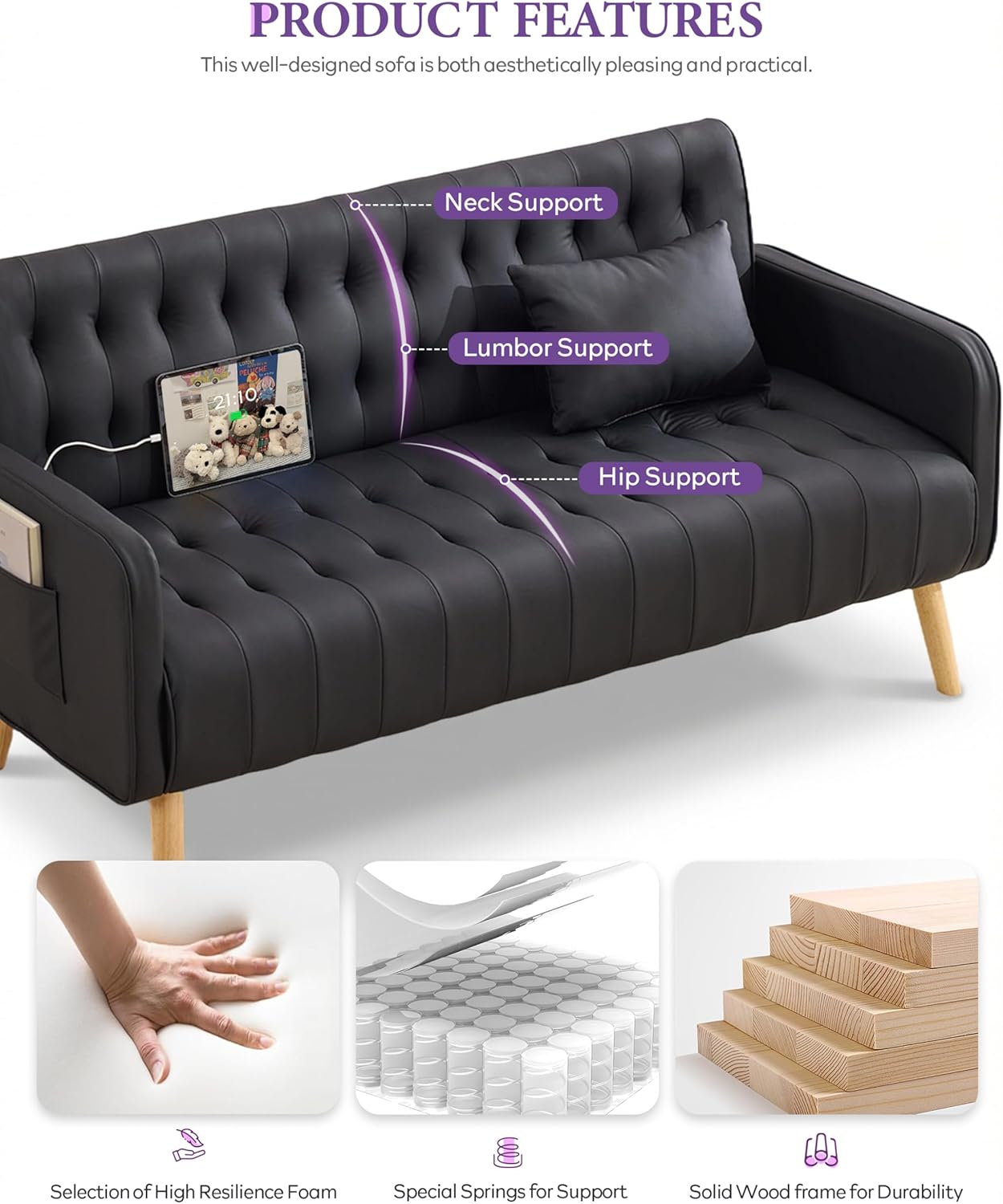 TYBOATLE Faux Leather Loveseat and Accent Chair, Mid-Century Modern Tufted Small Love Seat Couch and Chair Set with USB & Pockets, 2 Pieces Living Room Furniture Sets for Living Room (Black, 2)