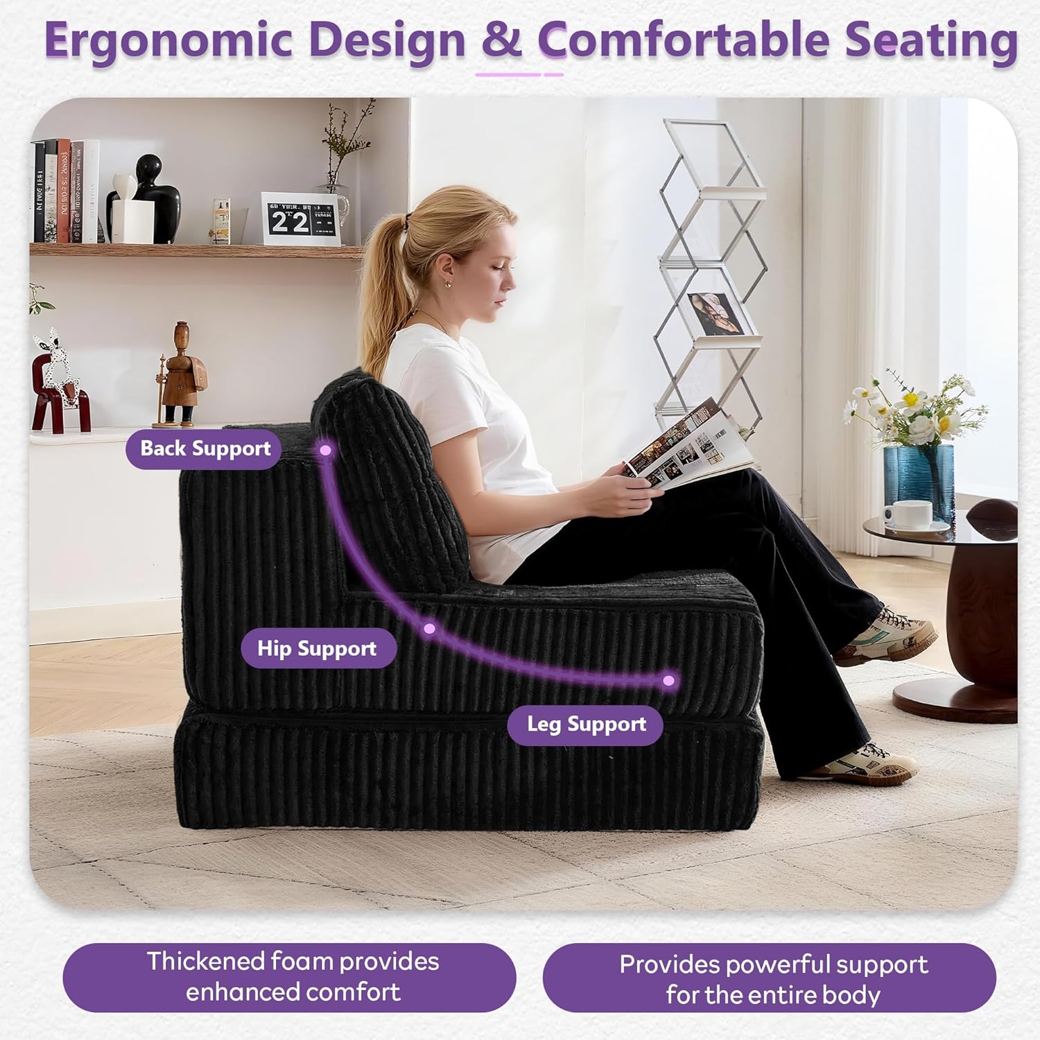 TYBOATLE Folding Sofa Bed, Convertible Sleeper Chair with Back Support and Pillow, Fold Out Floor Chair Bed, Comfy Foldable Mattress Futon Couch for Living Room, Bedroom (Black, Single Seat)