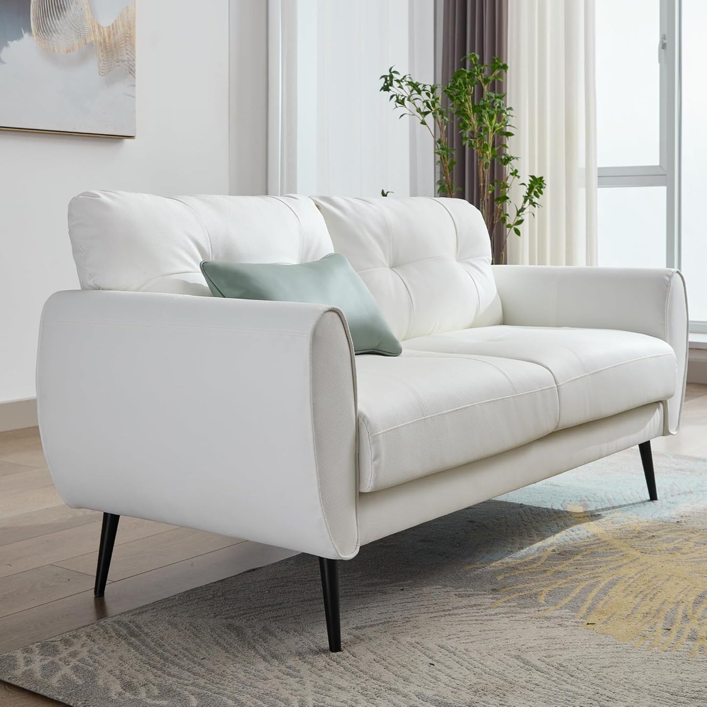 Sofa Couch 61" Small Loveseat Couches for Living Room White Leather Couch Mid Century Modern Tufted Mini Sofa Comfy Office 2 Seat Settee Love Seat Small Couches for Small Spaces Bedroom (1, White)