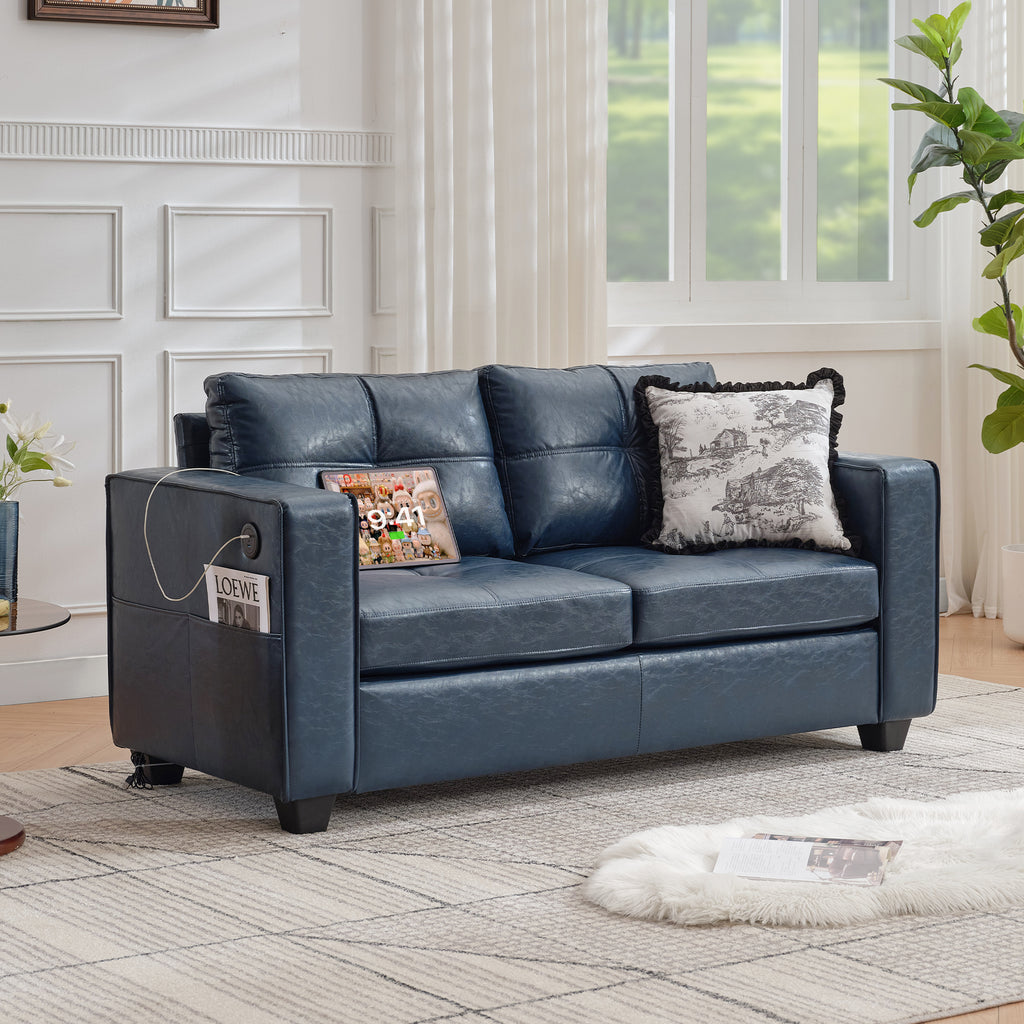 TYBOATLE 65" Blue Faux Leather Loveseat for Bedroom, Mid-Century Modern Tufted Comfy Loveseat w/USB Charging Ports and Wide Arms, 2 Seat Office Small Couch for Small Space