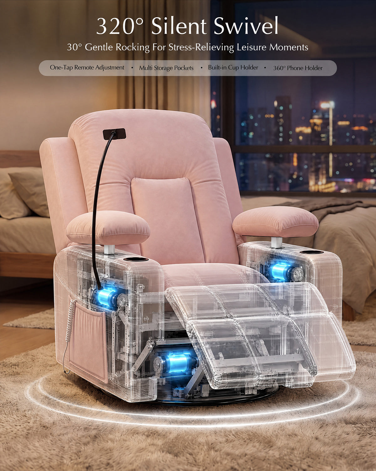 AODAILIHB  Power Swivel Recliner Chair w/ Motorized Adjustable Armrests,320° Swivel Gentle Rocking M1 M2 Memory Remote Control Nursing Glider w/ Storage Pockets Cup Phone Holder for Breastfeeding Living Room