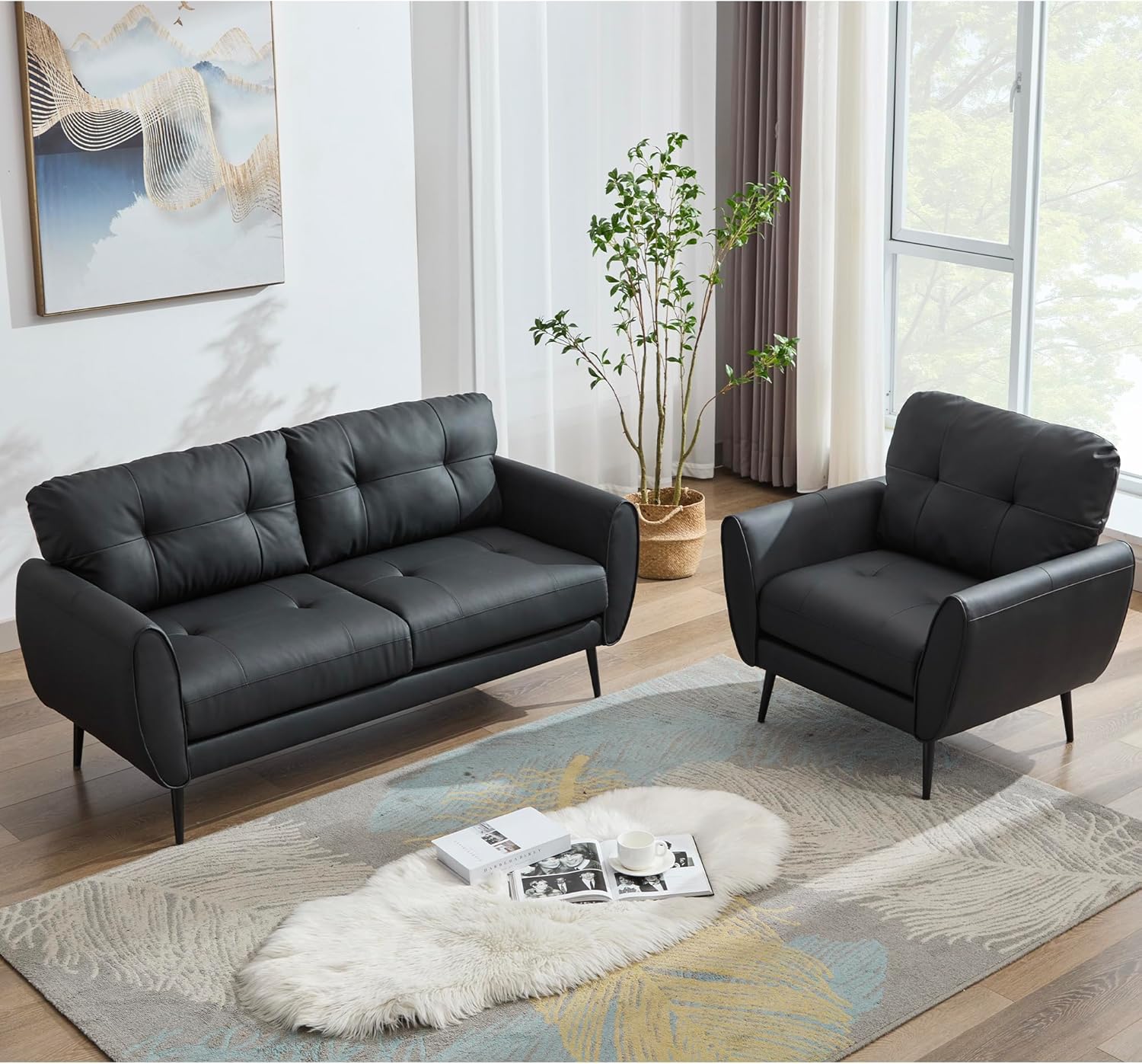 TYBOATLE Sofa Couch 61" Small Loveseat Couches for Living Room Leather Couch Mid Century Modern Tufted Mini Sofa Comfy Office 2 Seat Settee Love Seat for Small Spaces Bedroom (2, Black)