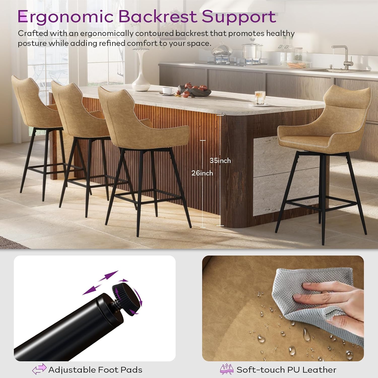 TYBOATLE 26” High Back Leather Swivel Bar Stools Set of 2, Counter Height Bar Stools with Metal Legs, Height-Adjustable Upholstered Faux Leather Barstools for Kitchen Counter, Brown