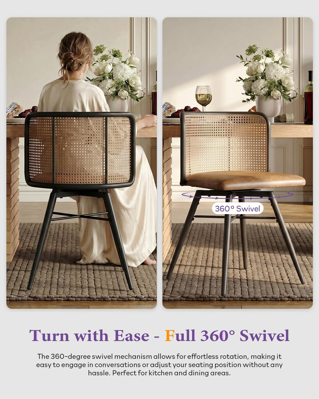 TYBOATLE Swivel Rattan Dining Chiars Set of 4, Farmhouse Boho Dining Room Chair with Rattan Woven Back and Faux Leather Seat, Upholstered Kithchen Chairs for Dining Table (Brown)
