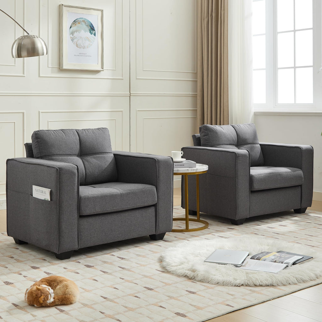 TYBOATLE Accent Chairs Set of 2, Modern Tufted Upholstered Living Room Chair, Comfy Arm Chair, Linen Fabric Reading Club Chairs for Living Room, Office