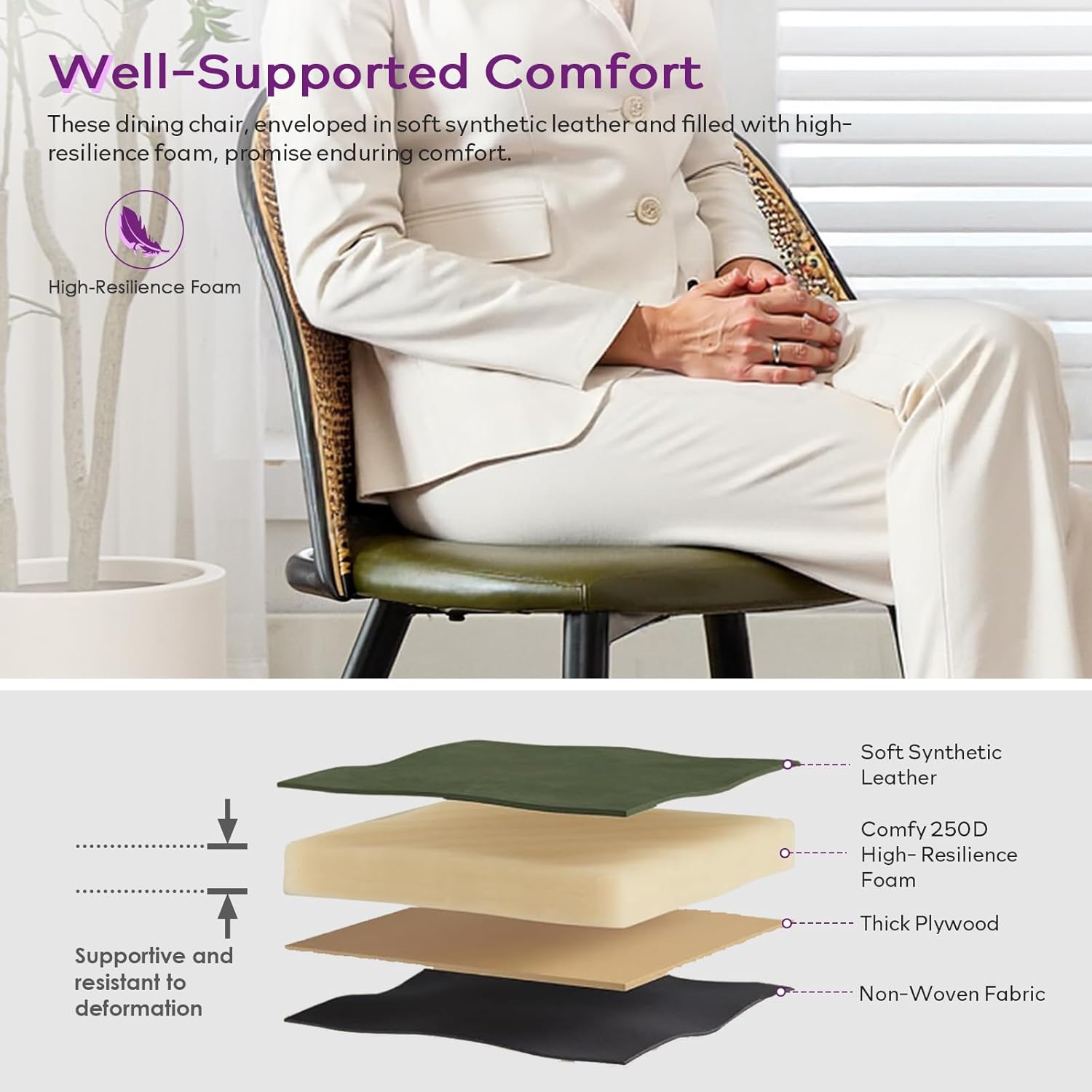 TYBOATLE Rattan Dinner Chairs Set of 4 with Faux Leather Cushion, Modern Dining Room Chairs w/Adjustable Foot Pads, Kitchen Boho Mid Century Upholstered, Green