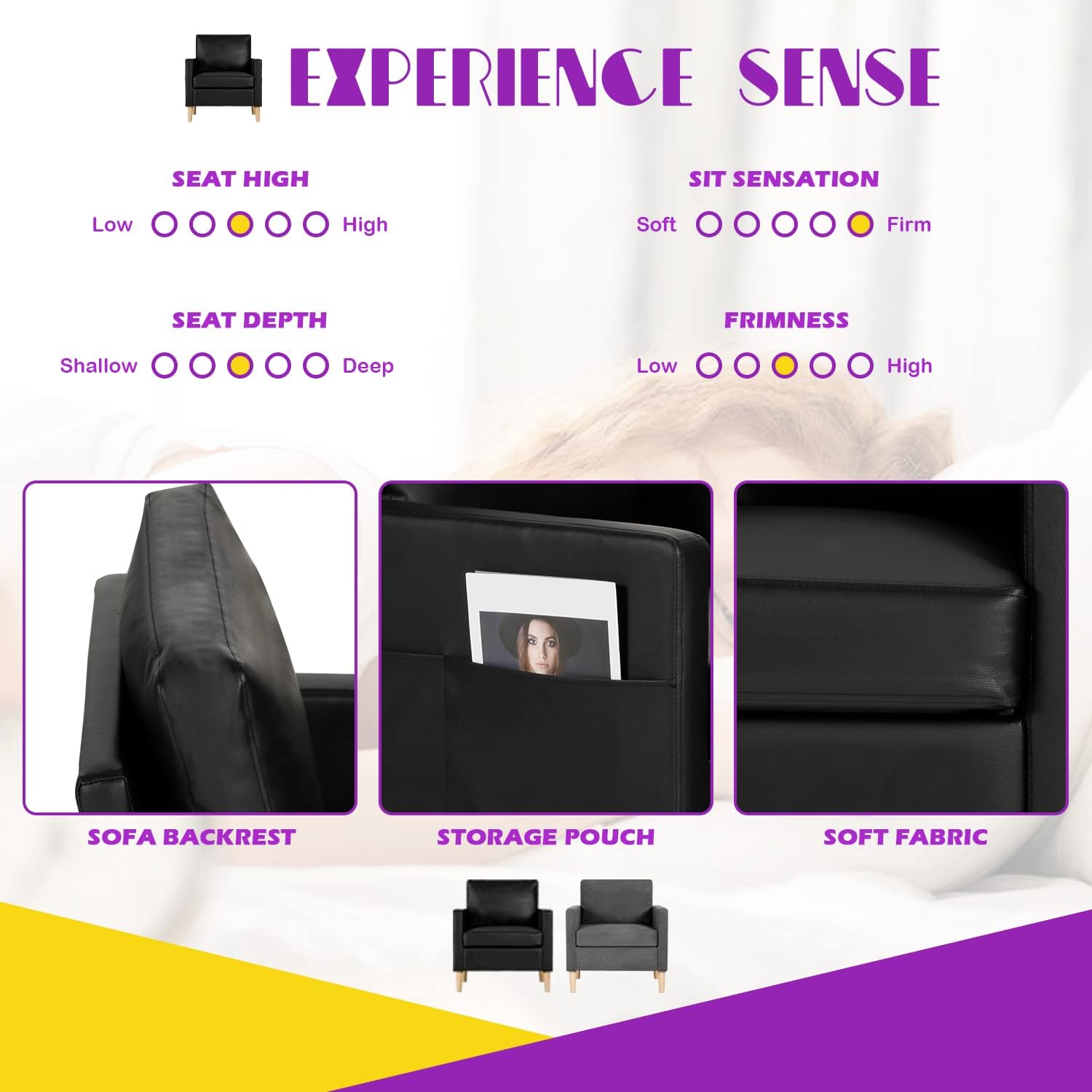 TYBOATLE Leather Chair w/Armrest Pockets, Solid Wood Accent Chair, Mid Century Modern Living Room Chairs, Comfy Waiting Room Chairs for Bedroom, Office, Black