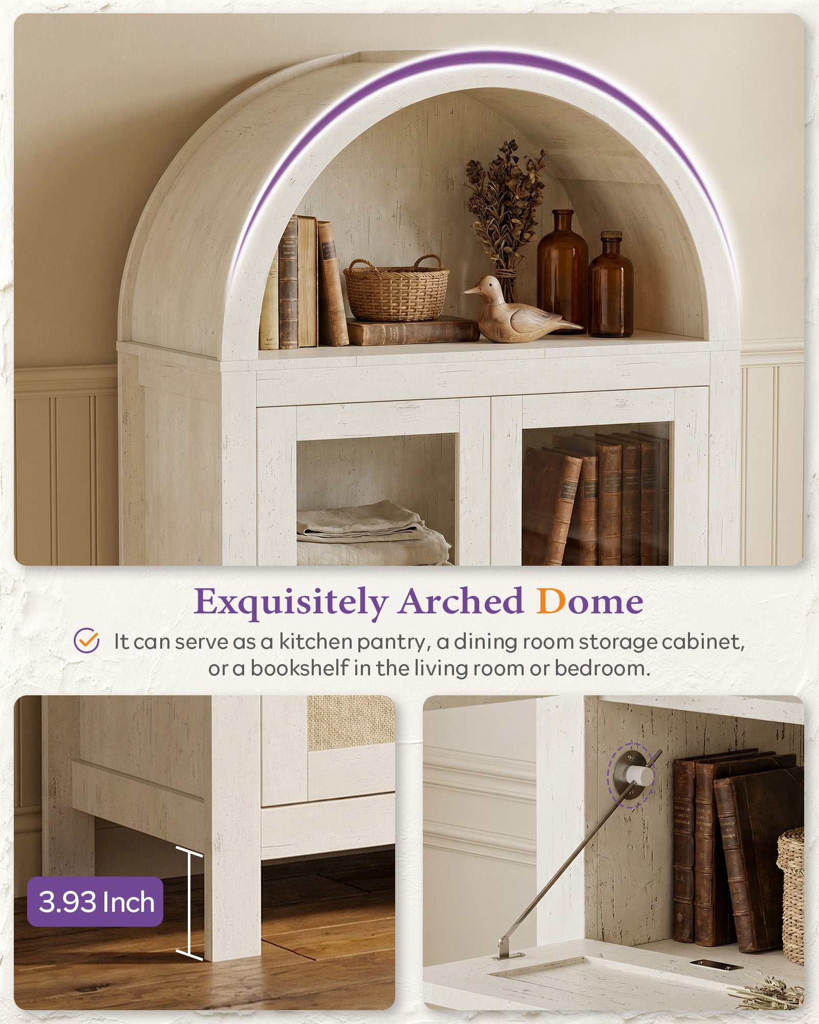 71'' Arched Pantry Cabinet, Arch Storage Cabinet w/Glass Door for Kitchen | Storage Cabinet with Innovative Drawer, Anti-Tip Device, Versatile Cupboard for Dining Room, Bathroom, Lobby, White