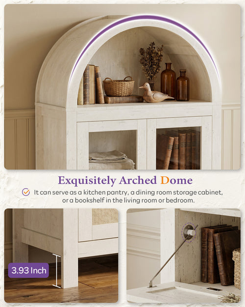 71'' Arched Pantry Cabinet, Arch Storage Cabinet w/Glass Door for Kitchen | Storage Cabinet with Innovative Drawer, Anti-Tip Device, Versatile Cupboard for Dining Room, Bathroom, Lobby, White