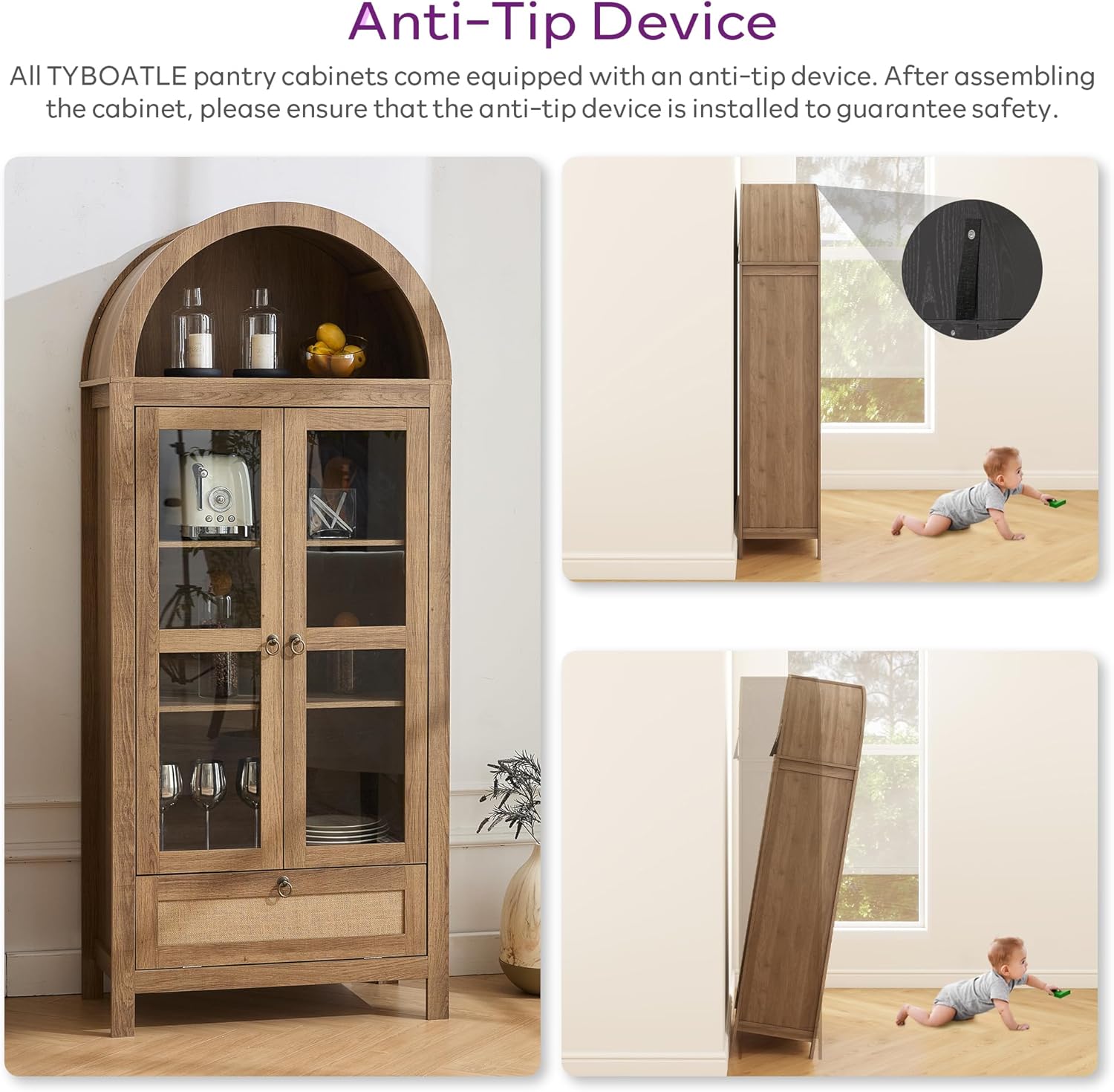 TYBOATLE 71" Tall Arched Pantry Cabinet with Innovative Drawer, Kitchen Cabinet with Anti-Tipping Device and Glass Door, Versatile Cupboard for Kitchen, Dining, Natrual