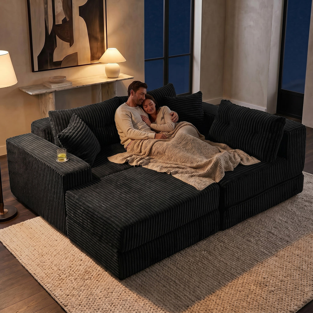 TYBOATLE Modular Sectional Sofa Couch, Corduroy Cloud Boneless Foam Couch with Deep Seats & Cup Holder, Modern Comfy Sleeper Sofa with L-Shape Chaise, No Assembly (Black)