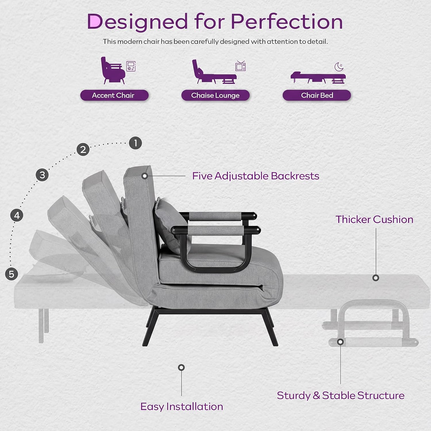 TYBOATLE Sleeper Chair Bed, Comfy Convertible Sleeper Futon Chairs for Adults, 5 in 1 Folding Bed Chair with Adjustable Backrest & Side Pockets & Pillow, Cozy Small Sofa for Small Spaces (Light Grey)