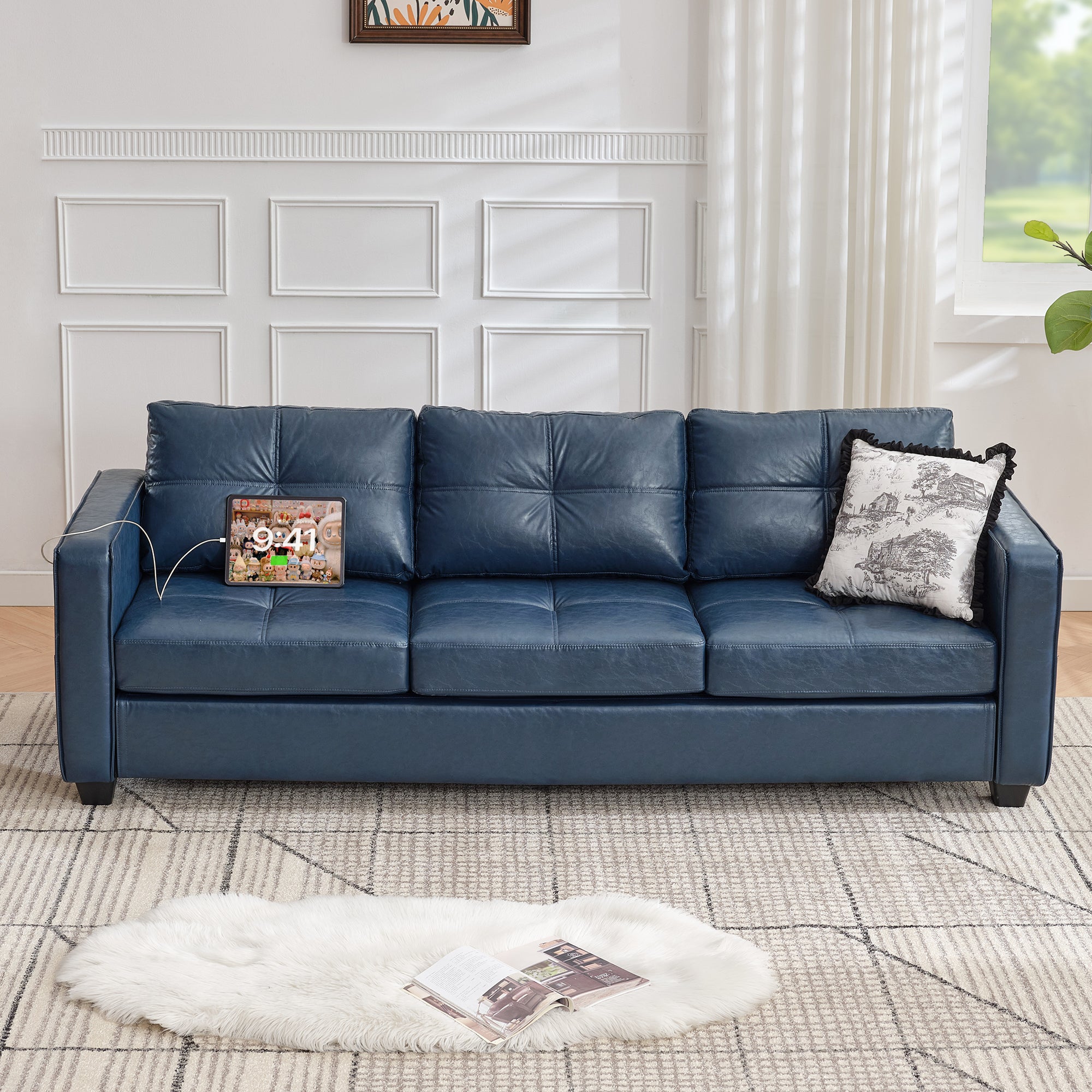 TYBOATLE 88" W Faux Leather Couch w/Side Pockets, Mid-Century Modern Tufted Comfy Leather Couches w/USB and Wider Arms, 3 Seater Sofa for Office, Apartment, Bedroom, Blue (Blue, 3 Seater)