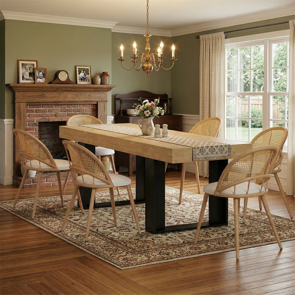 TYBOATLE 63'' - 79'' Extendable Dining Table Set for 6, Farmhouse Wooden Dining Room Table Set, 7 Piece Dinner Table Set with Upholstered Rattan Dining Chairs (Natural & White, 63''-79''- 6 Chairs)