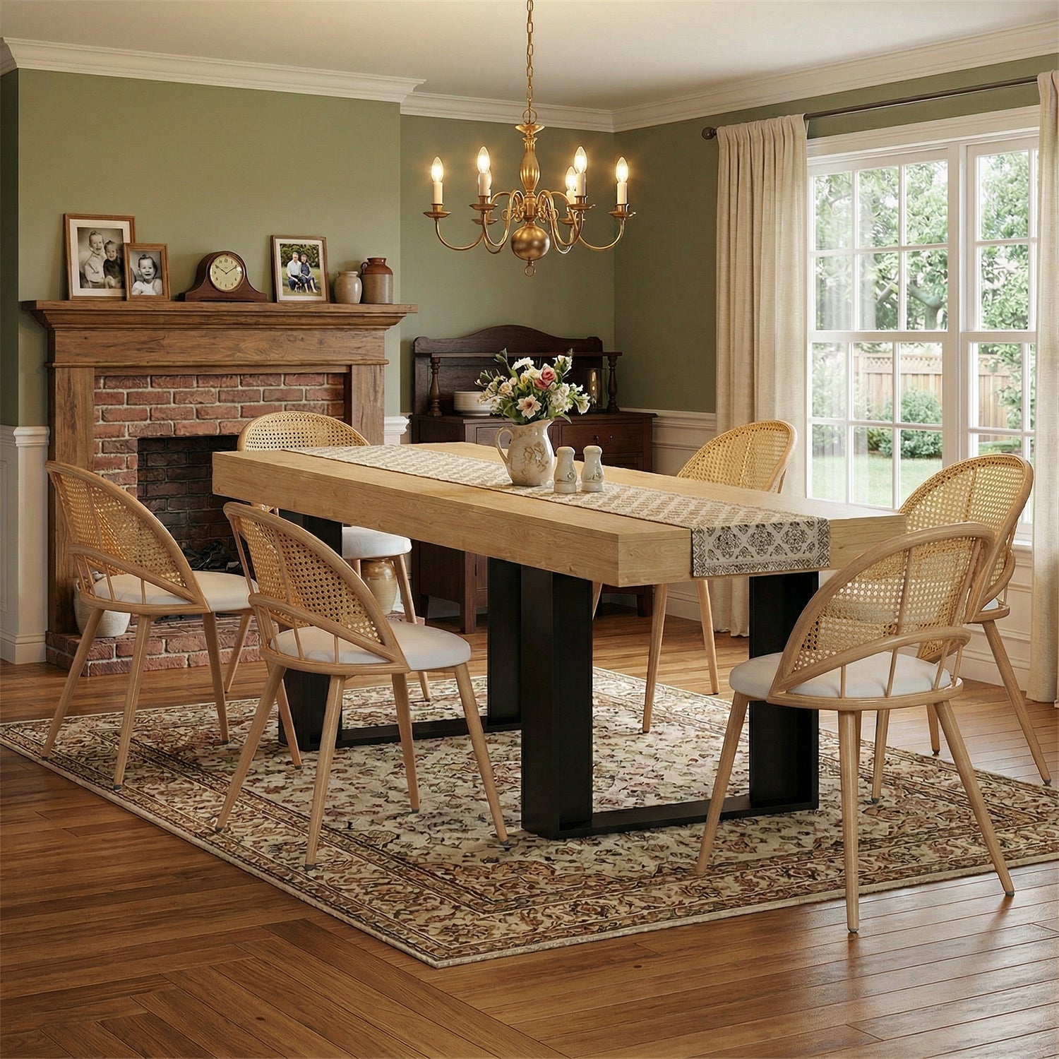 TYBOATLE 63'' - 79'' Extendable Dining Table Set for 6, Farmhouse Wooden Dining Room Table Set, 7 Piece Dinner Table Set with Upholstered Rattan Dining Chairs (Natural & White, 63''-79''- 6 Chairs)