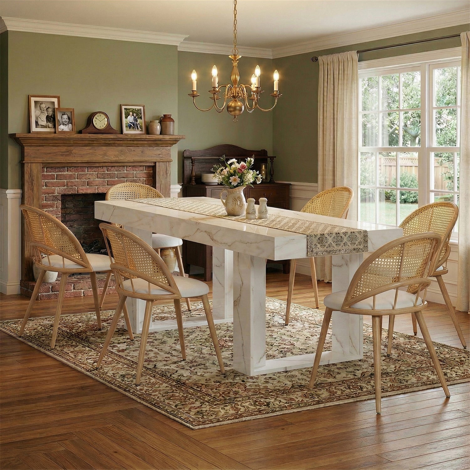 TYBOATLE 71''-87'' Extendable Dining Table Set for 6, Farmhouse Wooden Dining Room Table Set, 7 Piece Dinner Table Set with Upholstered Rattan Dining Chairs (Natural & White, 71''-87''- 6 Chairs)