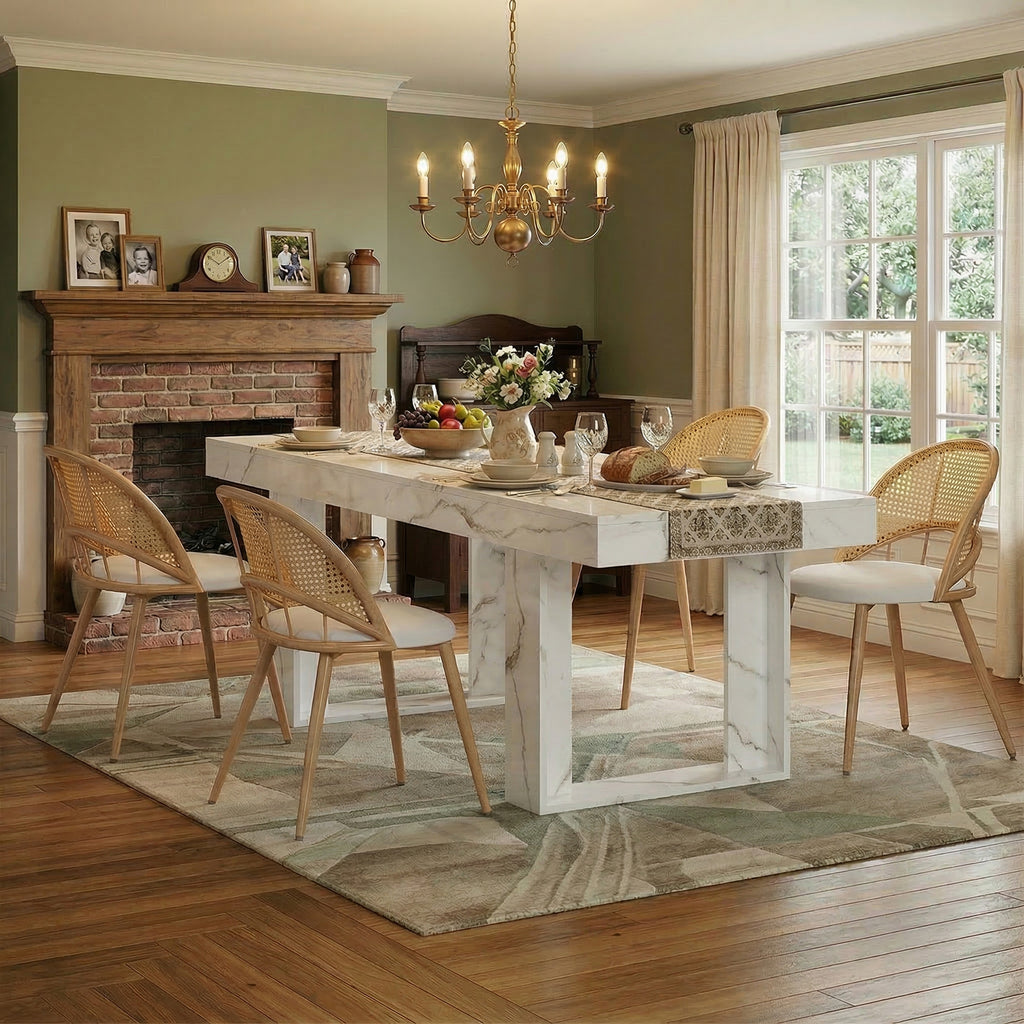 TYBOATLE 71''-87'' Extendable Dining Table Set for 4, Farmhouse Wooden Dining Room Table Set, 5 Piece Dinner Table Set with Upholstered Rattan Dining Chairs (Natural & White, 71''-87''- 4 Chairs)