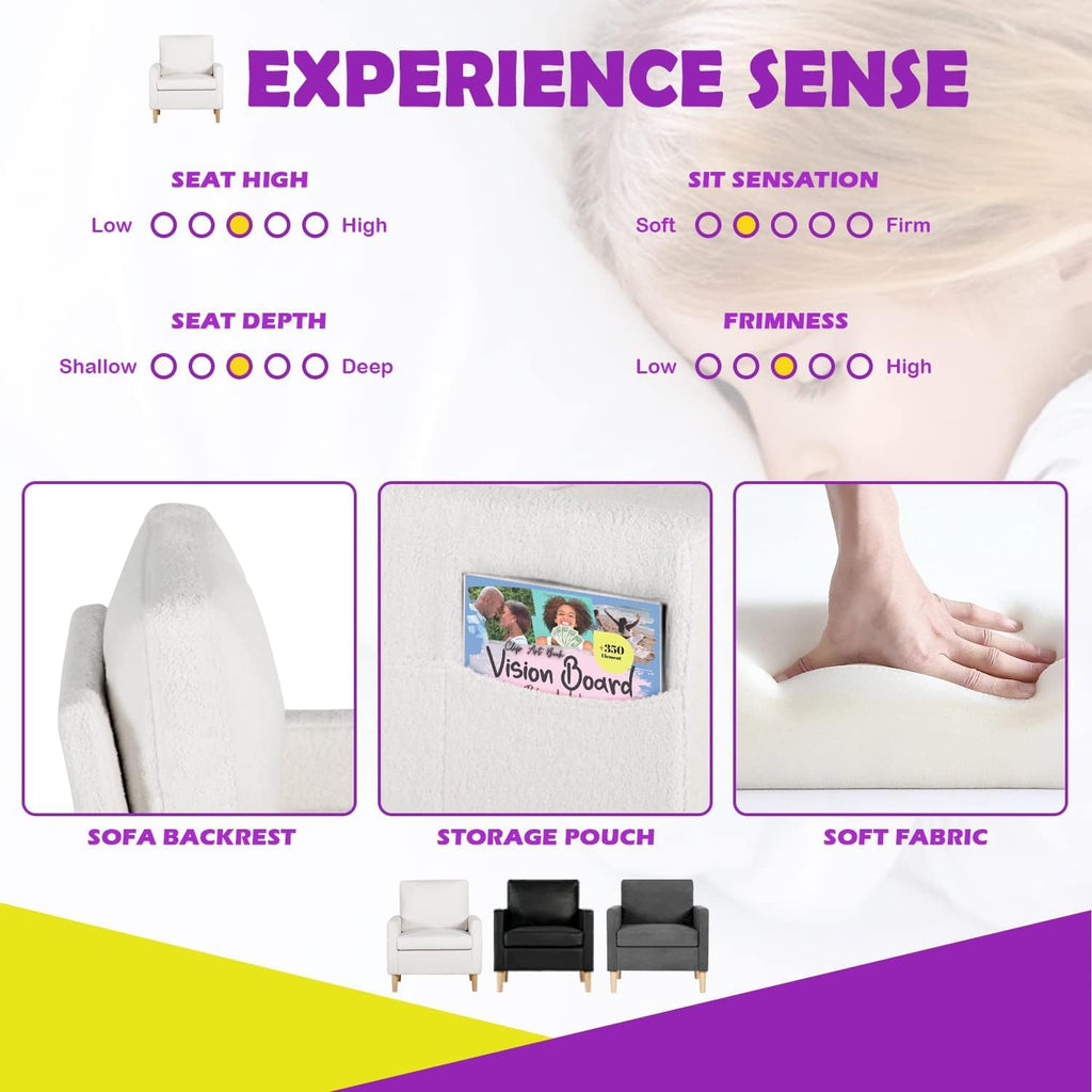 TYBOATLE Accent Chair, Mid-Century Modern Fabric Living Room Arm Chair, Furry Cozy Upholstered Armchair w/Side Pocket, Reading Lounging Side Chairs for Office, Apartment, Bedroom, Cream White