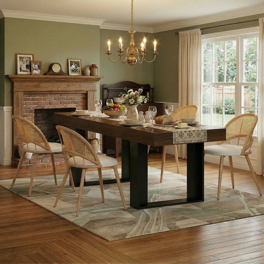 TYBOATLE 71''-87'' Extendable Dining Table Set for 4, Farmhouse Wooden Dining Room Table Set, 5 Piece Dinner Table Set with Upholstered Rattan Dining Chairs (Brown & White, 71''-87''- 4 Chairs)