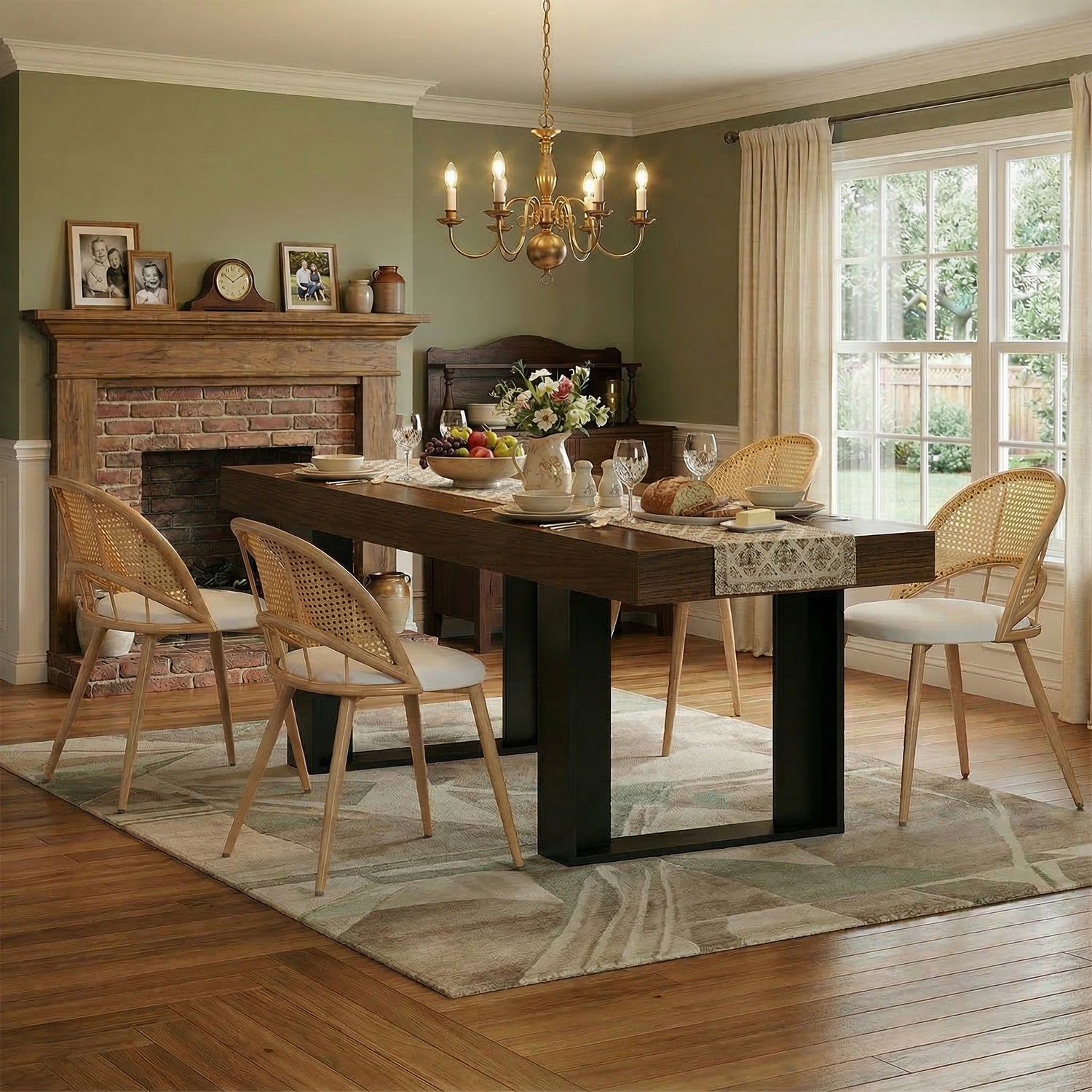 TYBOATLE 71''-87'' Extendable Dining Table Set for 4, Farmhouse Wooden Dining Room Table Set, 5 Piece Dinner Table Set with Upholstered Rattan Dining Chairs (Brown & White, 71''-87''- 4 Chairs)
