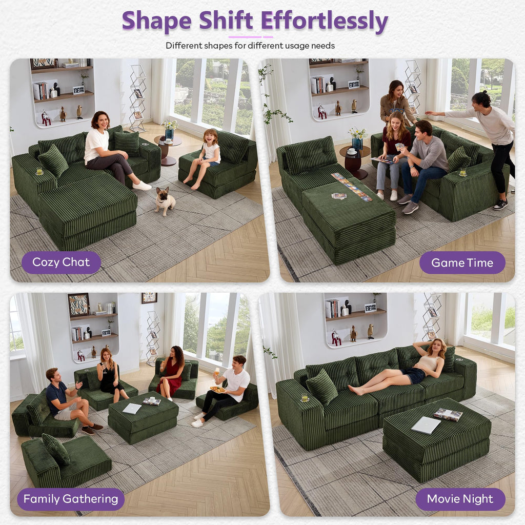 TYBOATLE Modular Sectional Sofa Couch, Corduroy Cloud Boneless Foam Couch with Deep Seats & Cup Holder, Modern Comfy Sleeper Sofa with L-Shape Chaise, No Assembly (Forest Green)