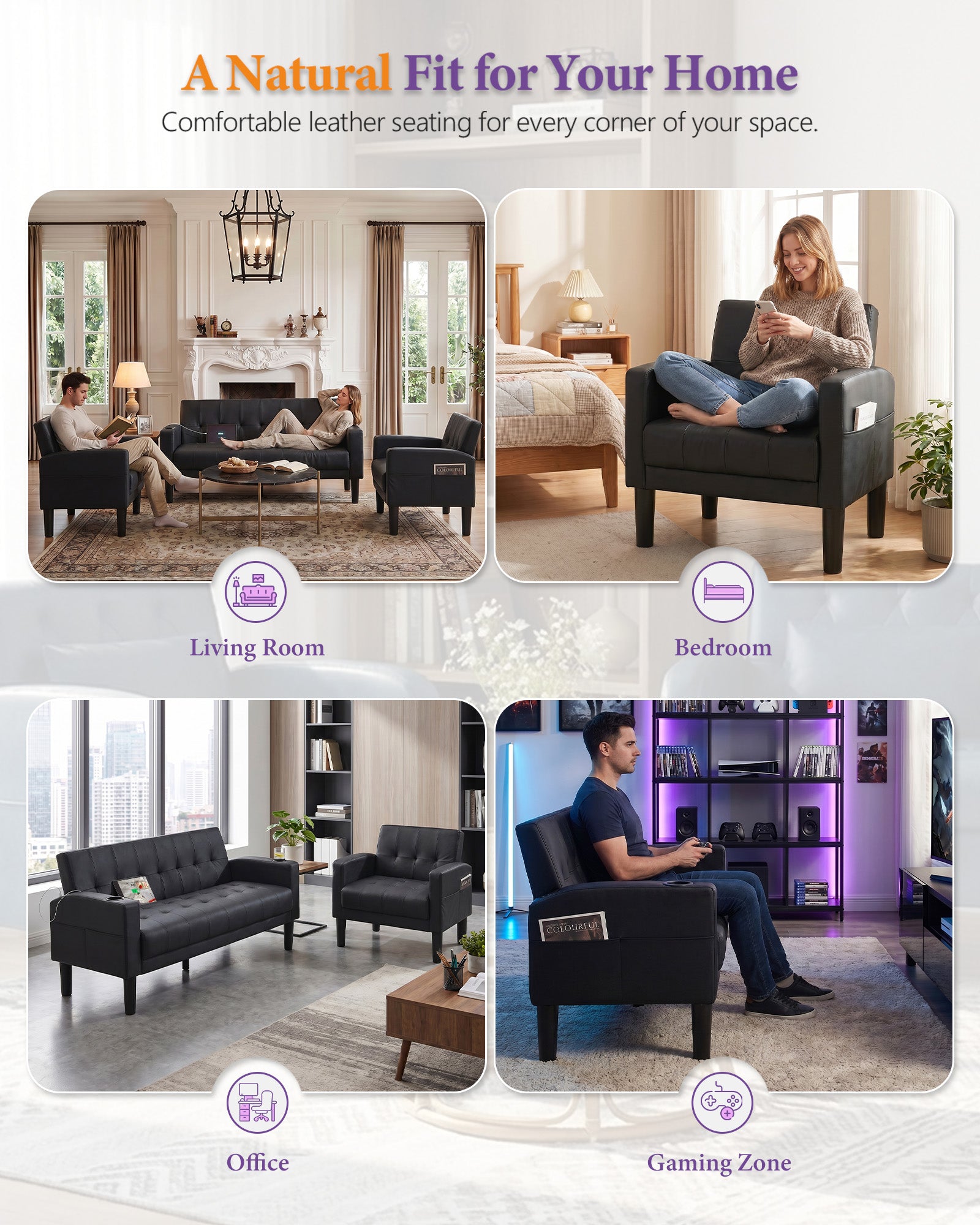 TYBOATLE Leather Couch and Chair Set, Living Room Furniture Set with USB & Type-C Ports, Black Loveseat Sofa and Matching Chair with Cup Holders, Modern Sofa Set for Apartment, Bedroom, Office