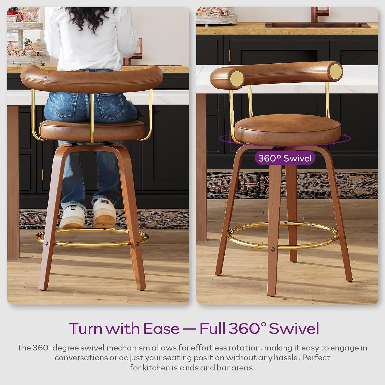 TYBOATLE Swivel Bar Stools Set of 2, Counter Height Bar Stools with Bent Wood Legs and Back, Mid-Century Modern Faux Leather Island Bar Chairs Barstools for Kitchen (2, Brown)