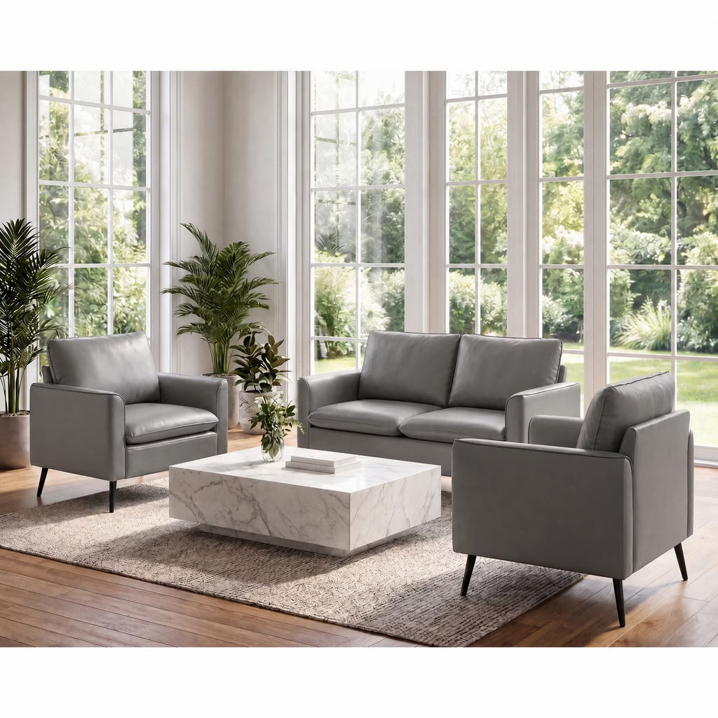 CHYMSUN Faux Leather Love Seat and Accent Chair Set of 2, 2 Seater Couch, Grey