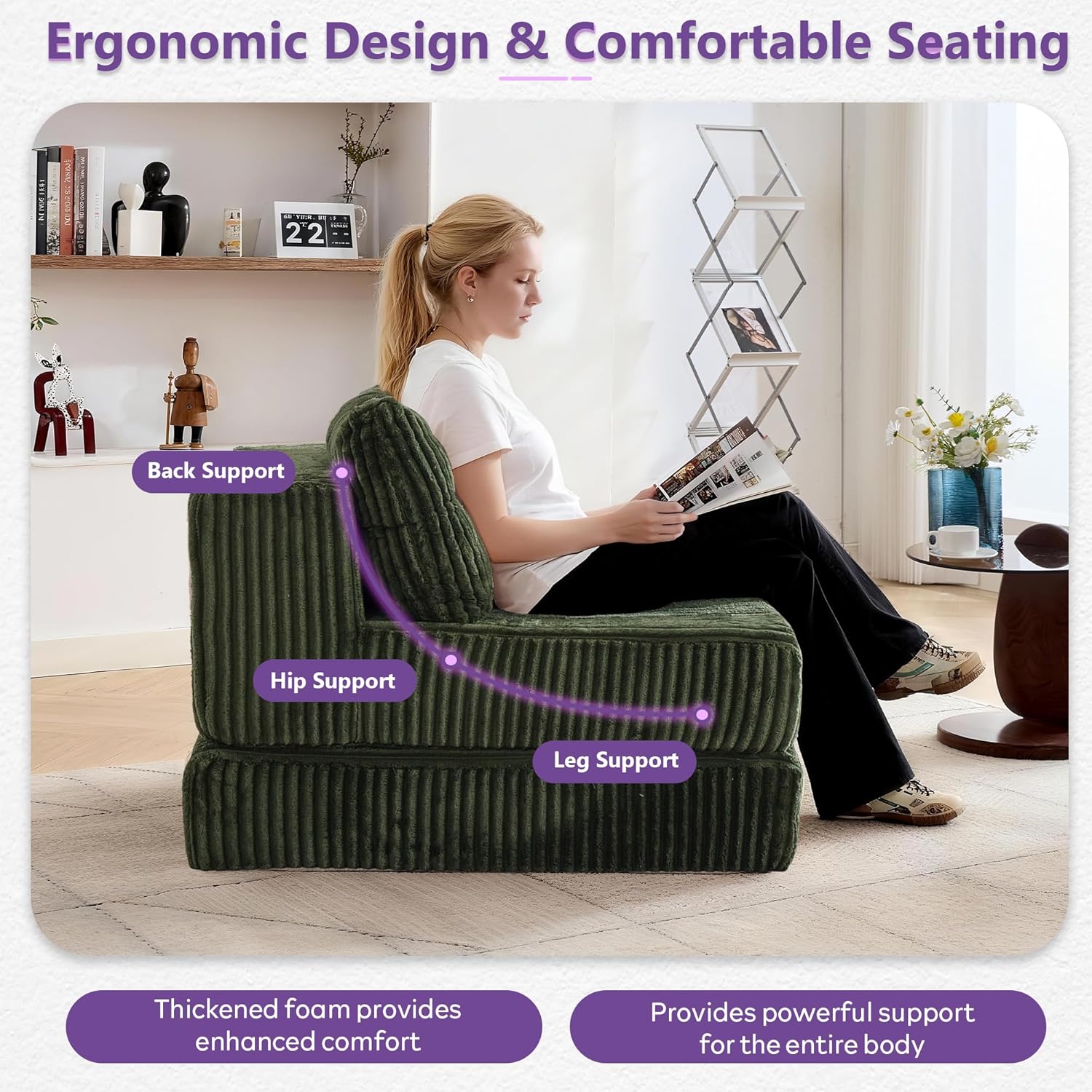 TYBOATLE Folding Sofa Bed, Convertible Sleeper Chair with Back Support and Pillow, Fold Out Floor Chair Bed, Comfy Foldable Mattress Futon Couch for Living Room, Bedroom (Forest Green, Single Seat)