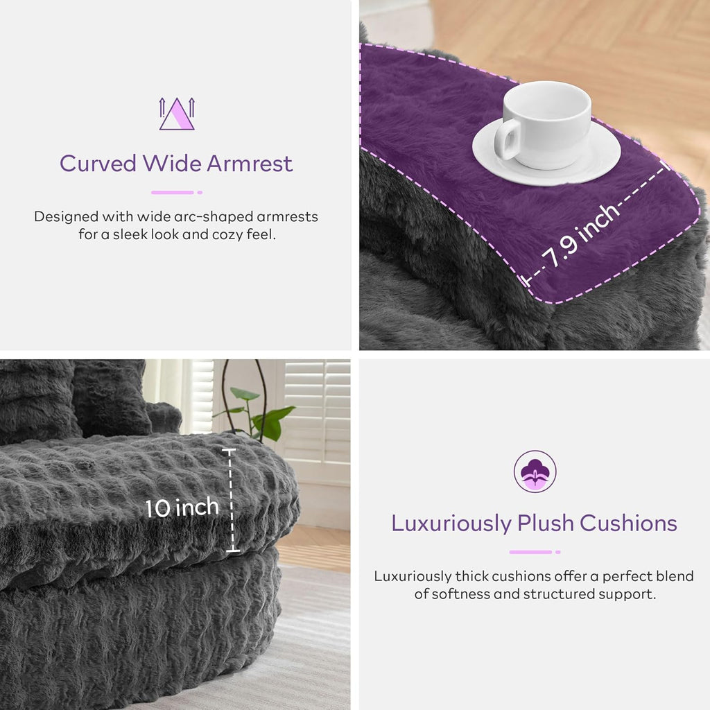 TYBOATLE 83’’ Oversized Round Boneless Couch w/Deep Seat, Round Memory Foam Couch, Comfy Fluffy Plush Bubble Sofa w/Double Cushion, Circle Bed for Livingroom, Bedroom (Grey)