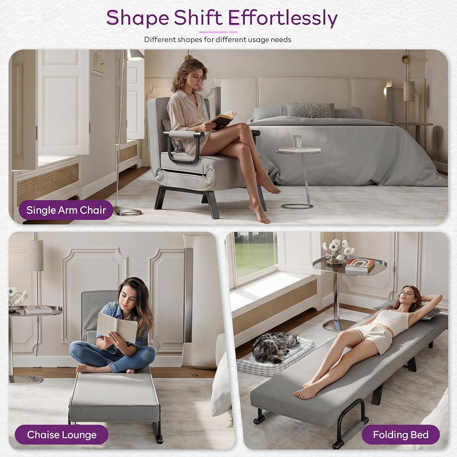 TYBOATLE Sleeper Chair Bed, Comfy Convertible Sleeper Chairs for Adults, 5 in 1 Folding Bed Chair with Adjustable Backrest & Side Pockets & Pillow, Cozy Small Futon Sofa for Small Spaces (Light Grey)