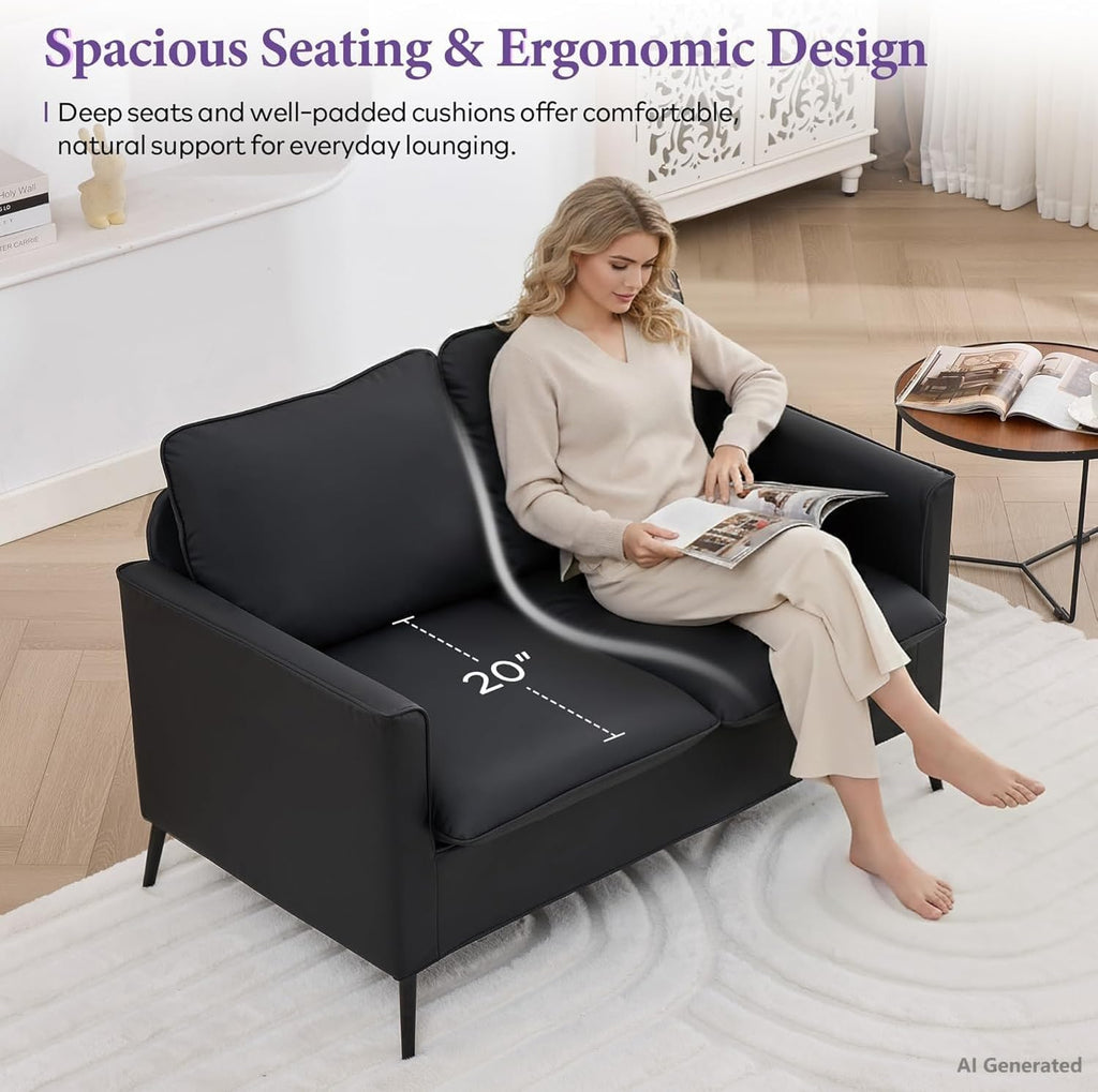 TYBOATLE Leather Loveseat Sofa and Accent Chair Set (Black, 2) | Comfy, 2 Pillows, Mid-Century Modern, Small Spaces, 2 Pieces Living Room Furniture Sets