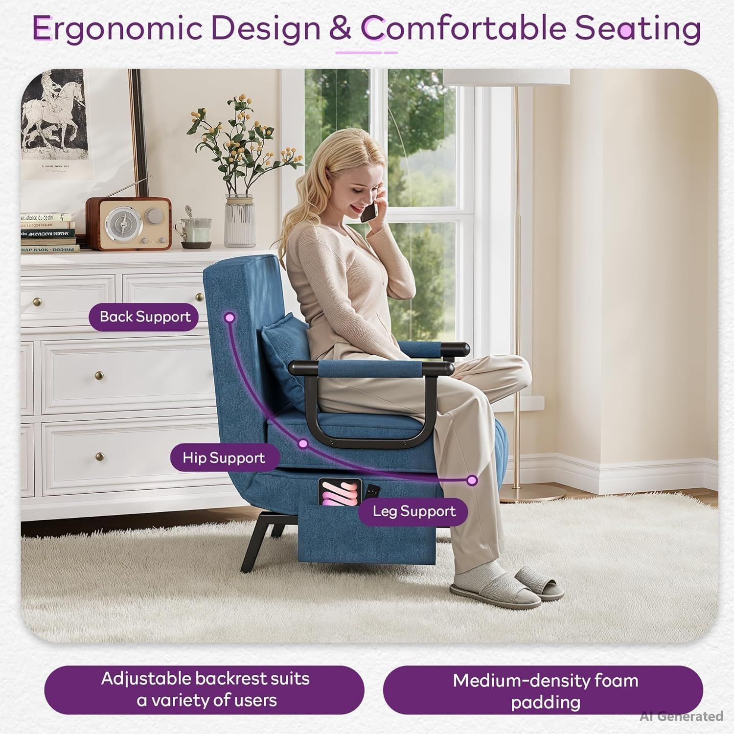 TYBOATLE Sleep Chair Bed, Folding Sleeper Chairs for Adults (Azure Blue) Comfy, Cozy, Convertible, 5 in 1, Adjustable Backrest, Side Pockets, Pillow, Small Spaces, Office, Dorm