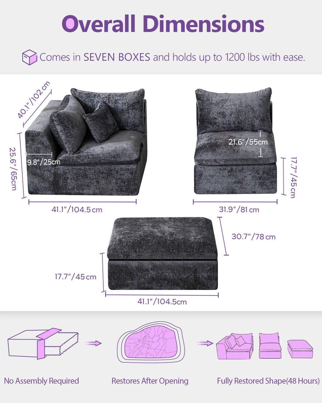 TYBOATLE 7 Seats Grey Boneless Couch for Living Room, U Shaped Cloud Sectional Sofa w/Ottoman, Comfy L Shaped Boneless Modular Couch w/Memory Foam