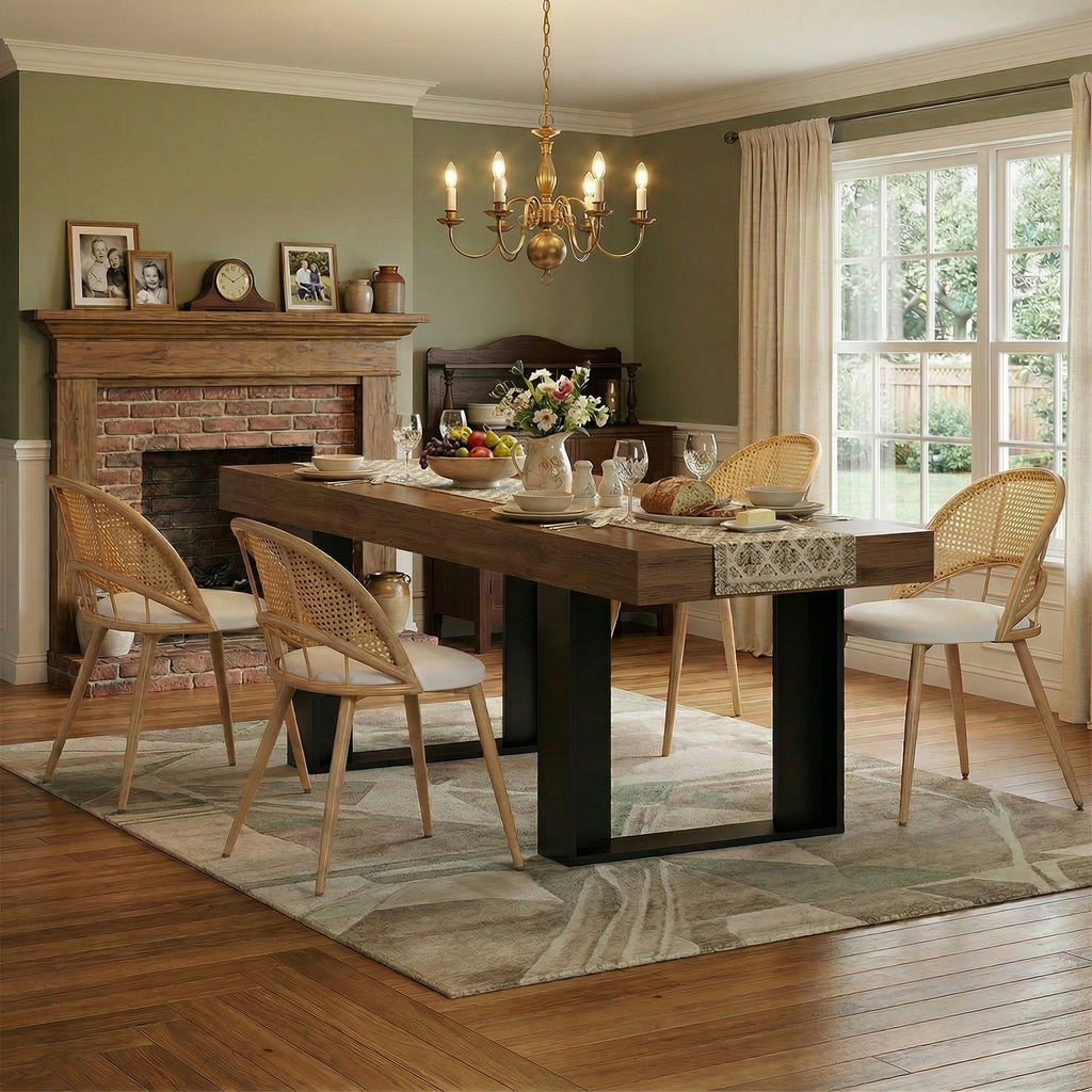 TYBOATLE 63'' - 79'' Extendable Dining Table Set for 4, Farmhouse Wooden Dining Room Table Set, 5 Piece Dinner Table Set with Upholstered Rattan Dining Chairs (Brown & White, 63''-79''- 4 Chairs)