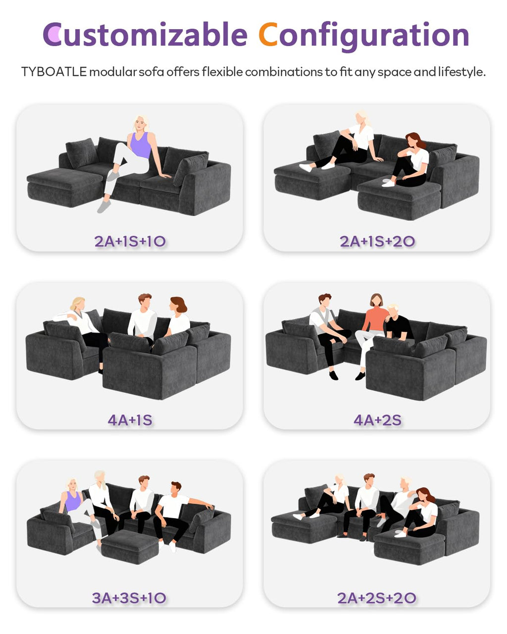 TYBOATLE 114’’ Grey Boneless Couch for Living Room, L Shaped Cloud Sectional Sofa w/Ottoman, Comfy Boneless Modular Couch w/Memory Foam, Grey