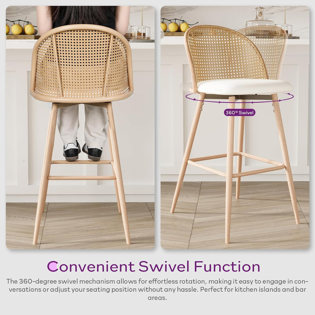 TYBOATLE Bar Stools Set of 2 Rattan Swivel 29" Height Barstools for Kitchen Counter Island Mid Century Modern White Bar Chairs with Metal Legs Woven Stools Upholstered Boho Bar Stool