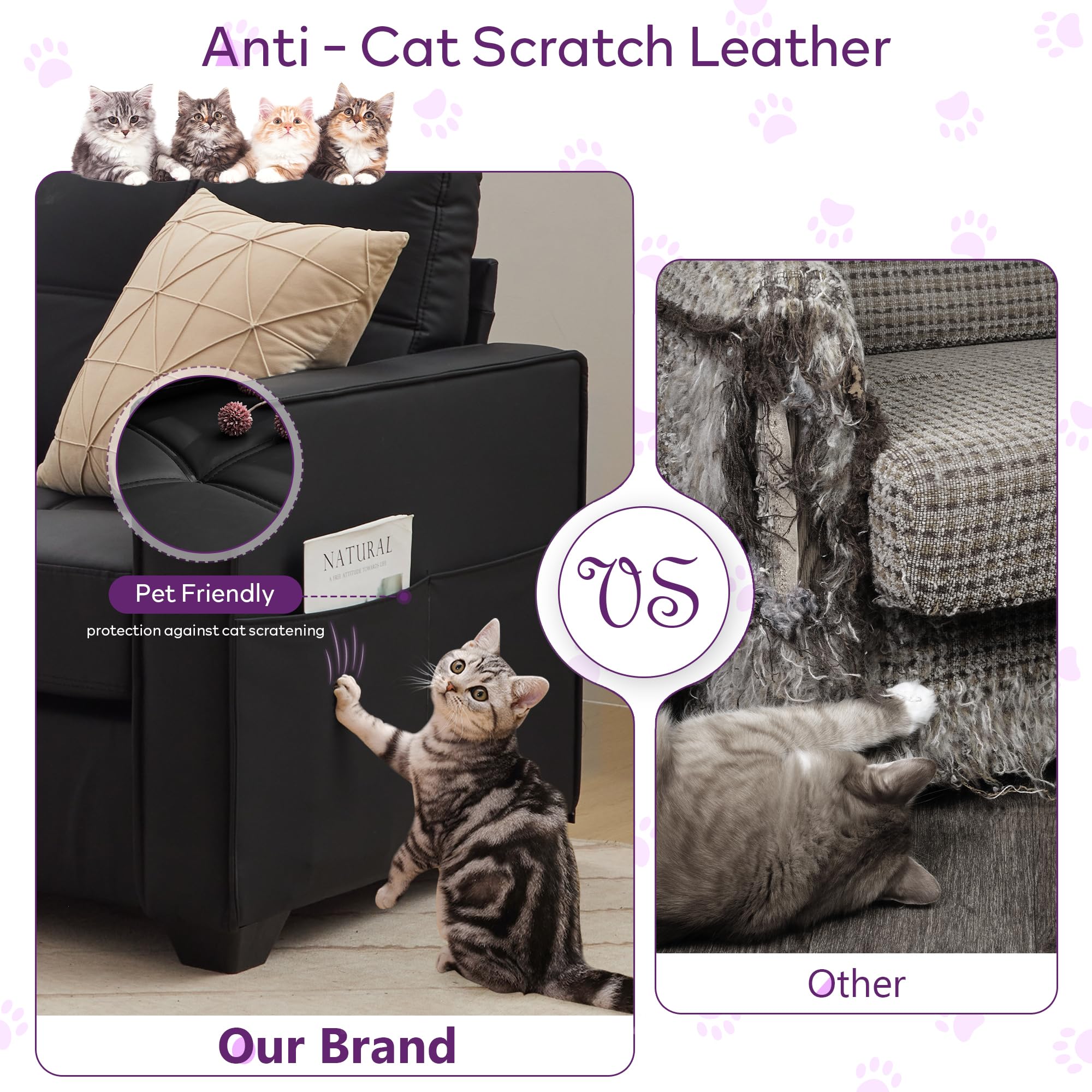 TYBOATLE Black Sofa Couch Sectional Couches for Living Room, Comfy Comfy Faux Leather Modular Convertible Sofas with Ottoman & USB, Home Sofa Set with Chaise for Apartment Small Space (4)