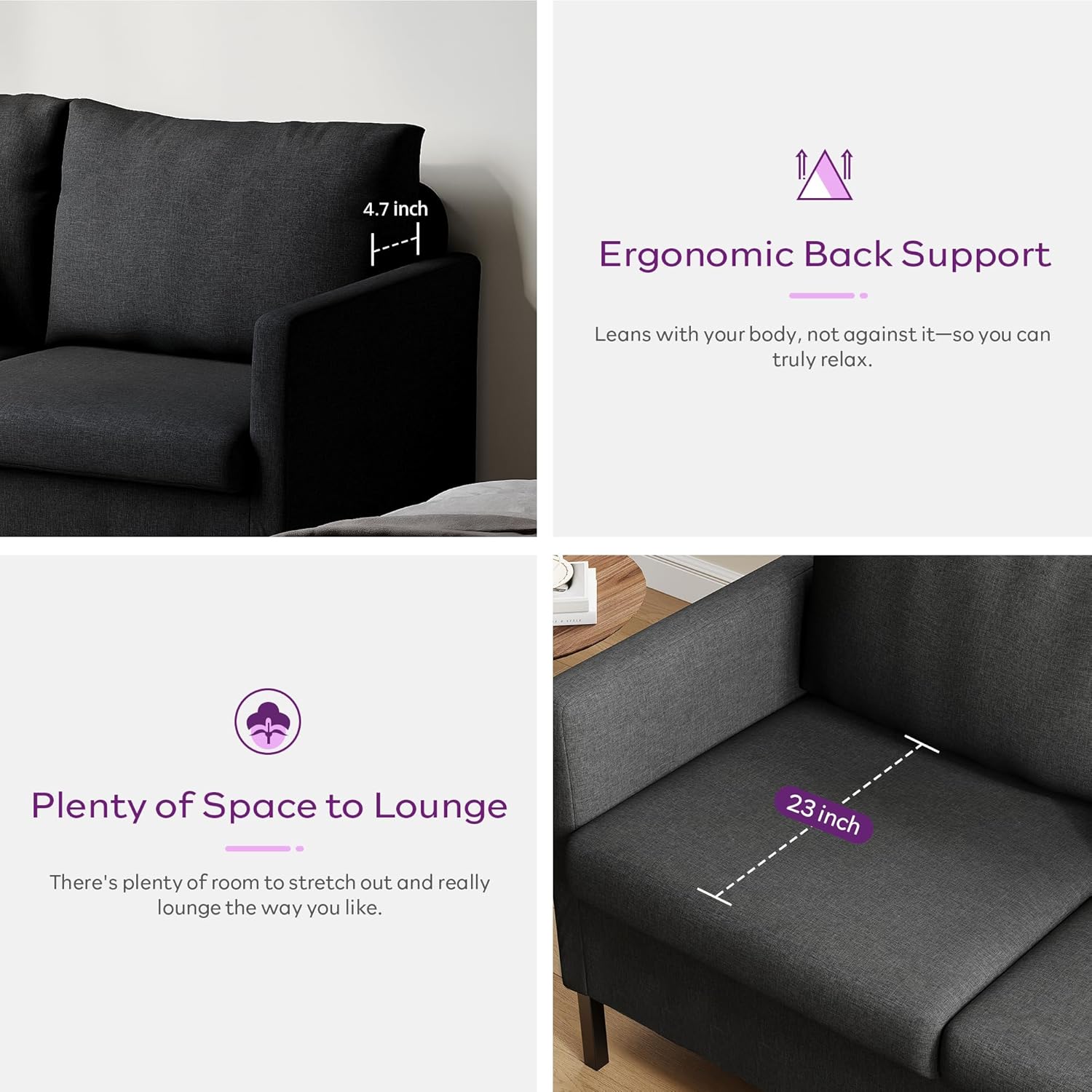 TYBOATLE Modern Linen Fabric Small Couches for Small Spaces, Comfy Upholstered Love Seat for Bedroom, 2 Seater Mini Couch for Apartment, Dorm, Office, Dark Grey