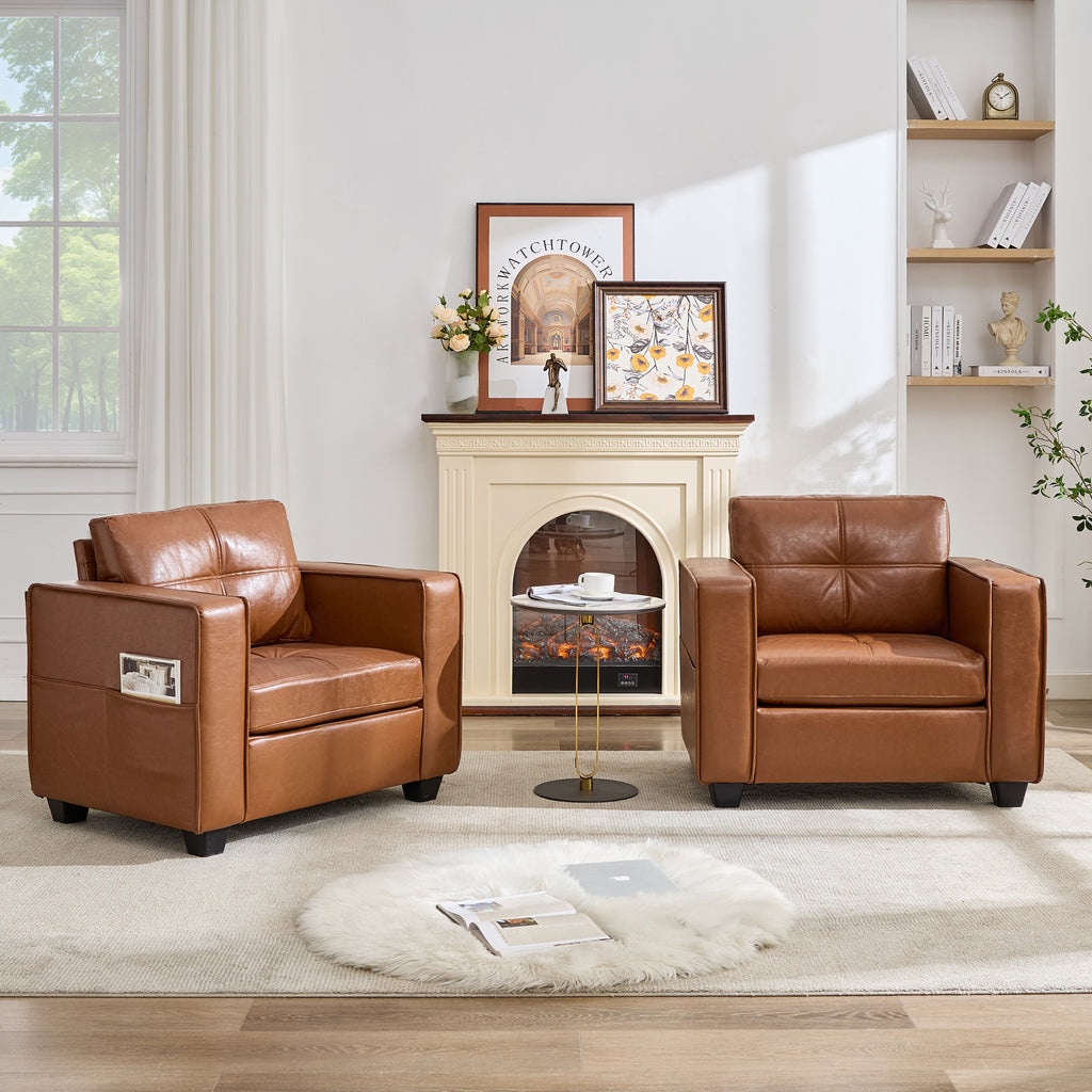 TYBOATLE Brown Faux Leather Accent Chairs Set of 2, Comfy Living Room Chair Reading Oversized Accent Chairs Tufted Mid Century Modern Arm Chair, Wider Armchair for Office Bedroom Lobby