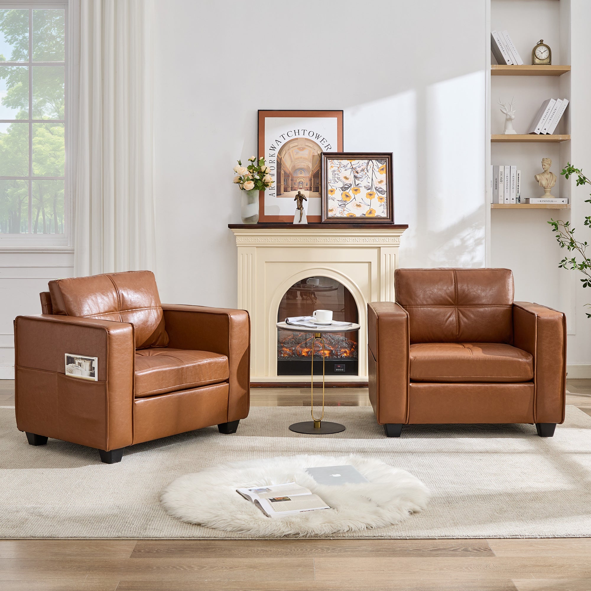 TYBOATLE Brown Faux Leather Accent Chair, Comfy Living Room Chair Reading Oversized Accent Chairs Tufted Mid Century Modern Arm Chair, 38.58" Wide Armchair for Office Bedroom Lobby